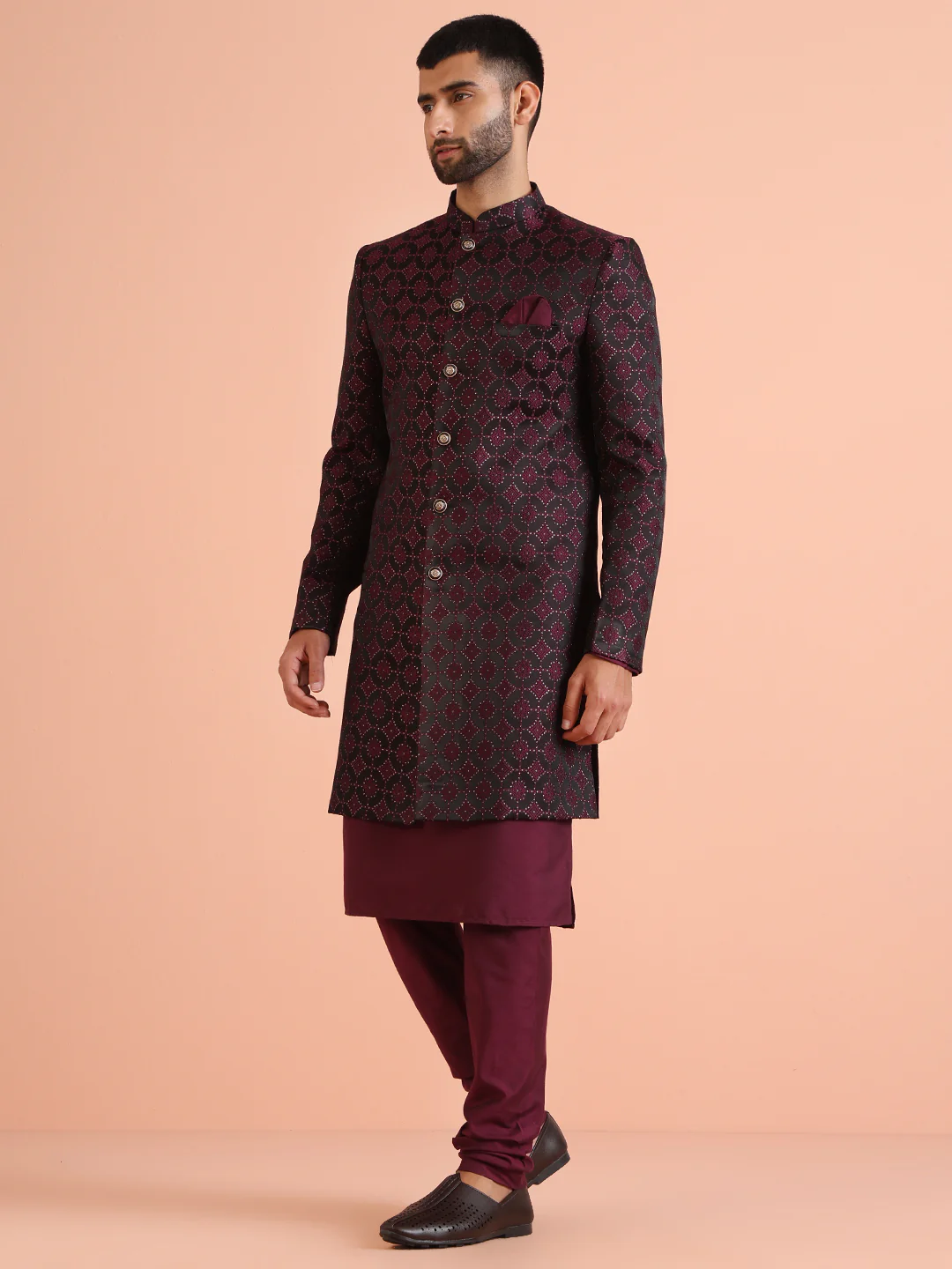 Black Purple Art Silk Embroidered Sherwani Achkan - Image 3