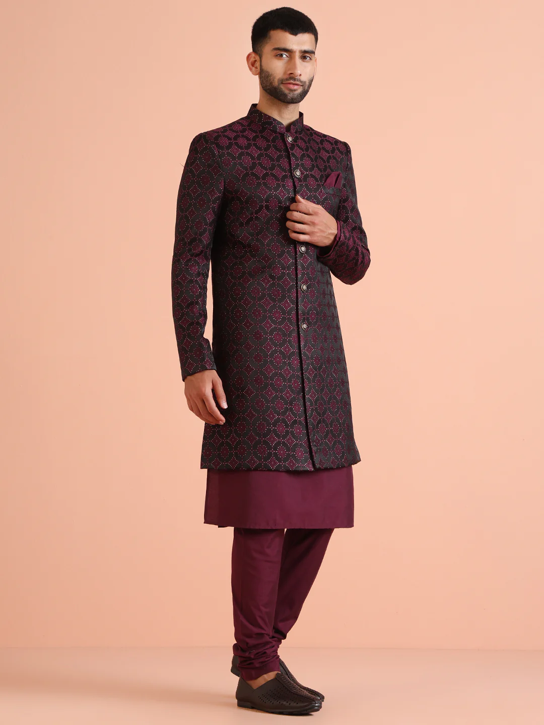 Black Purple Art Silk Embroidered Sherwani Achkan - Image 4