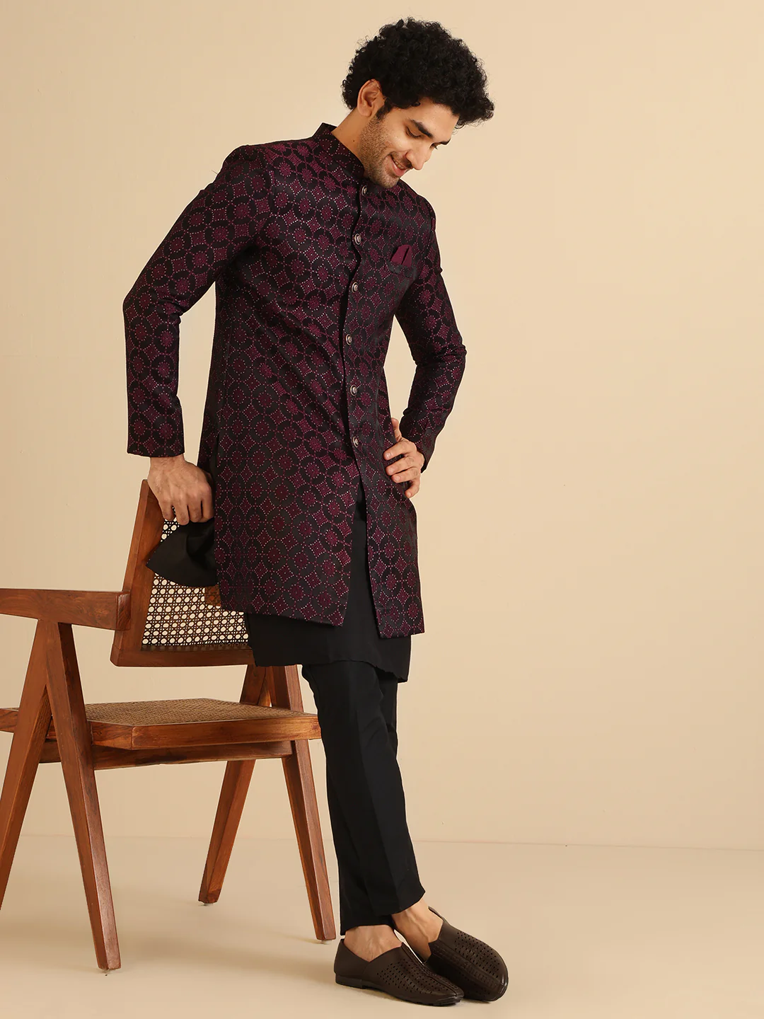 Men Black and Purple Textured Kurta Indowestern Trouser Set