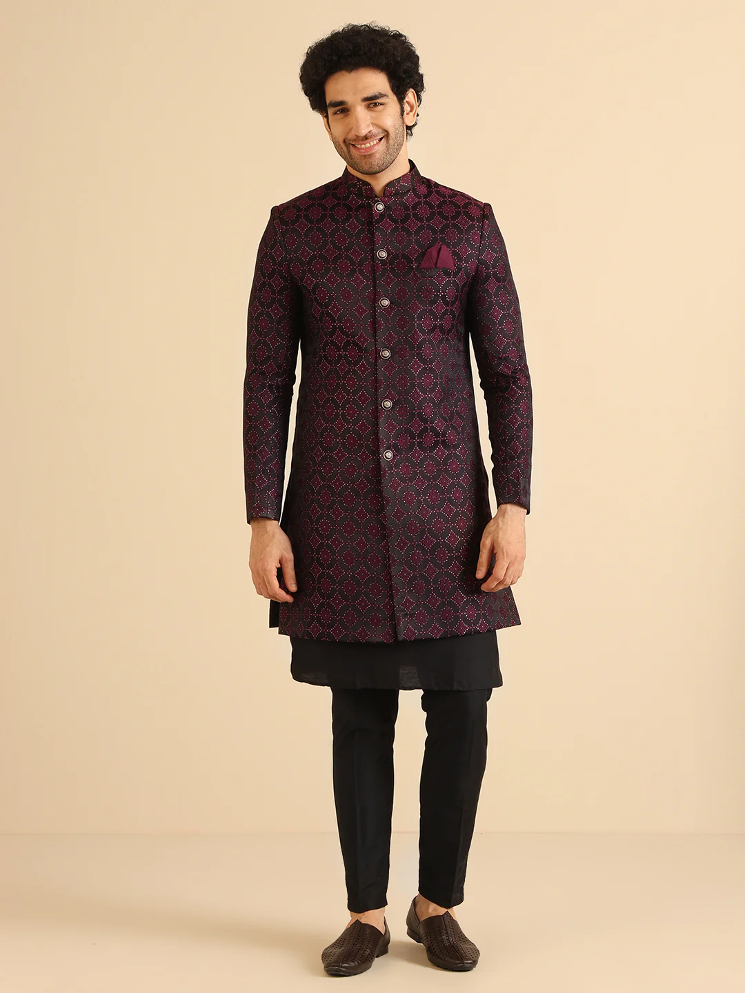 Men Black and Purple Textured Kurta Indowestern Trouser Set - Image 2
