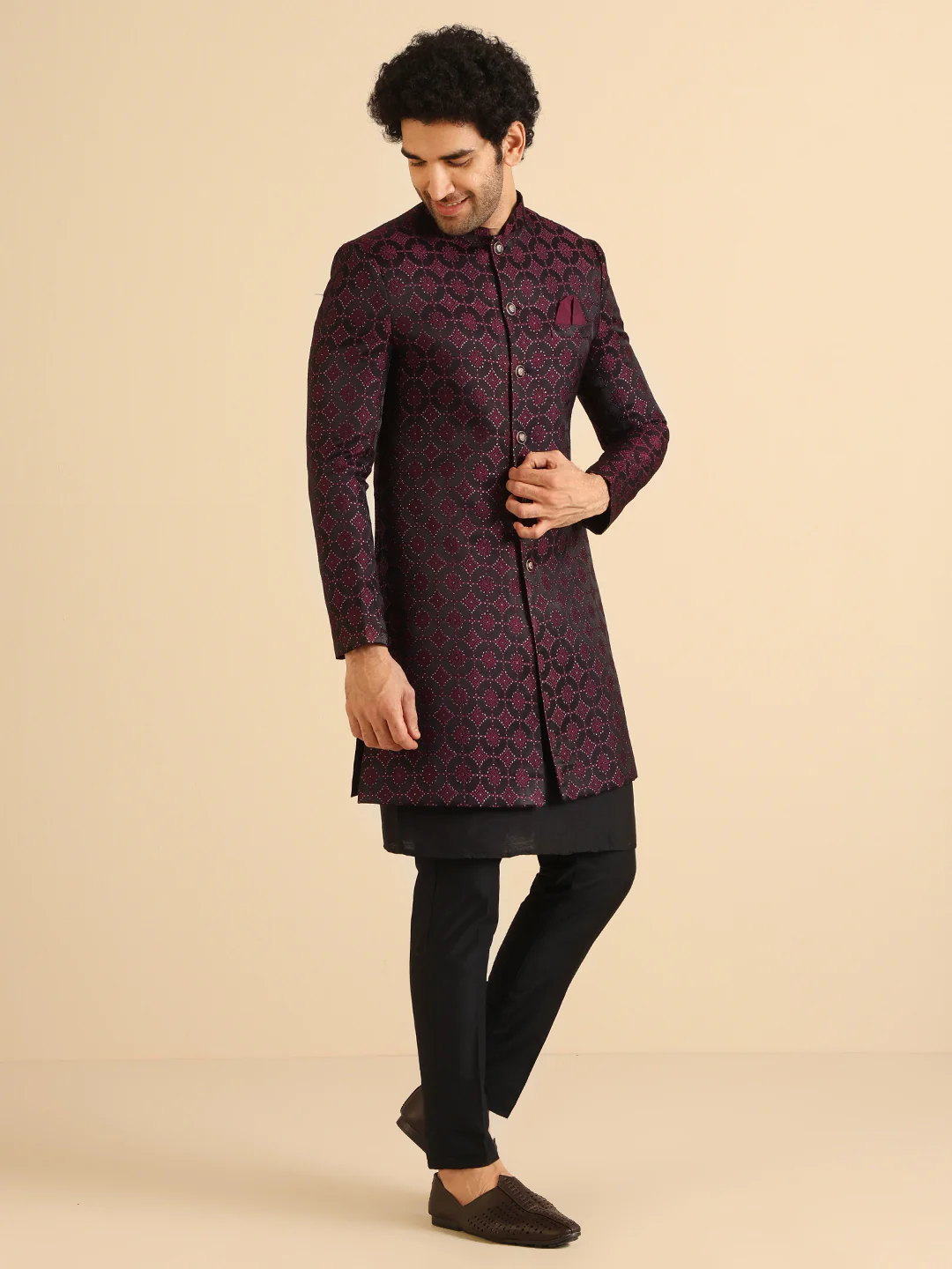 Men Black and Purple Textured Kurta Indowestern Trouser Set - Image 4