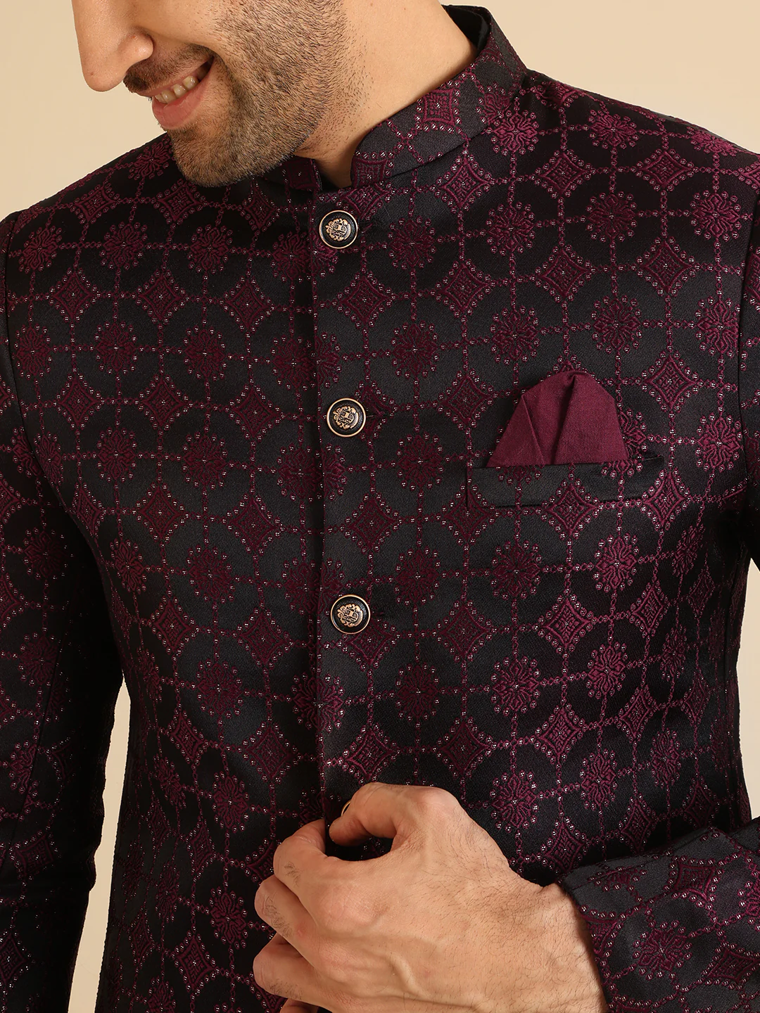 Men Black and Purple Textured Kurta Indowestern Trouser Set - Image 7