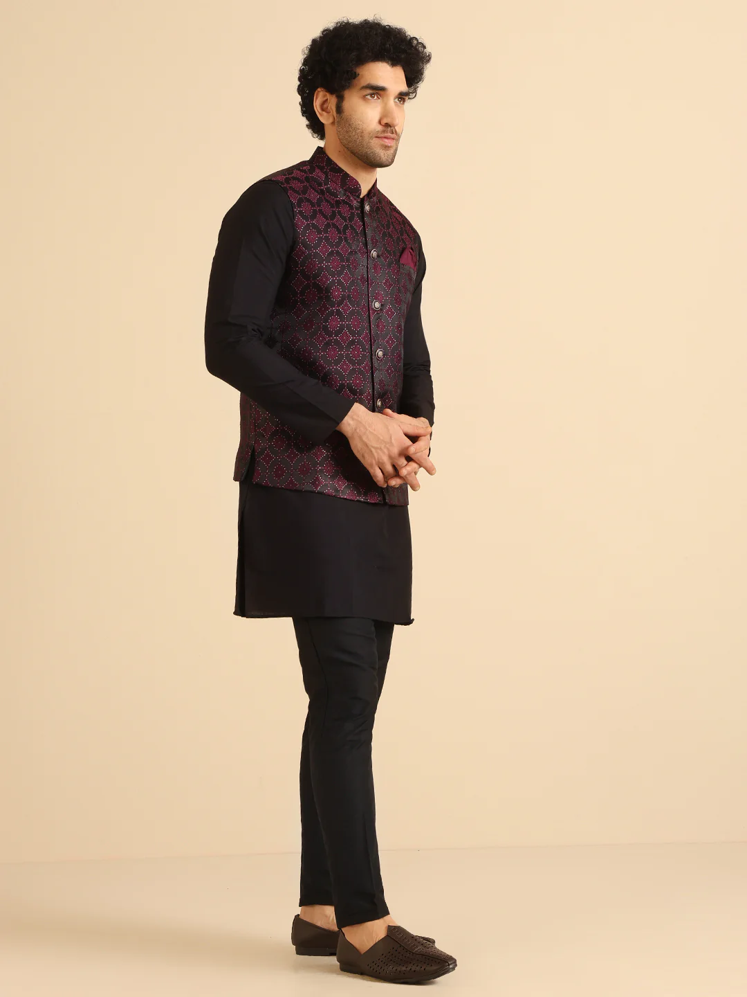 Black Cotton Silk Burgundy Textured Nehru Jacket Kurta Trouser - Image 3