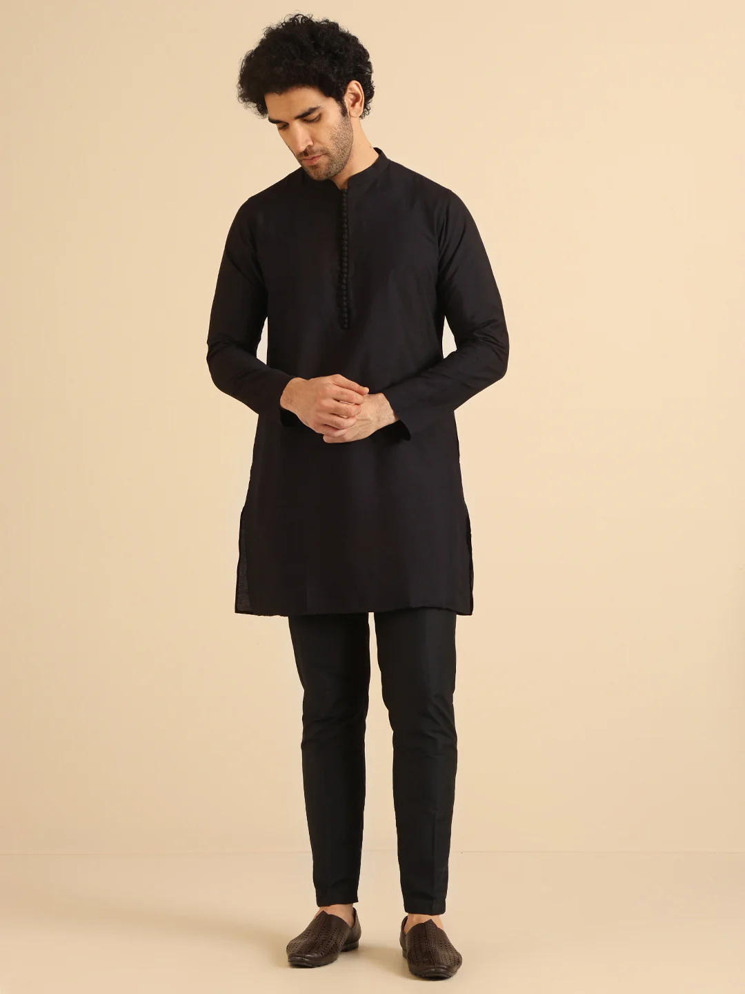 Black Cotton Silk Burgundy Textured Nehru Jacket Kurta Trouser - Image 5