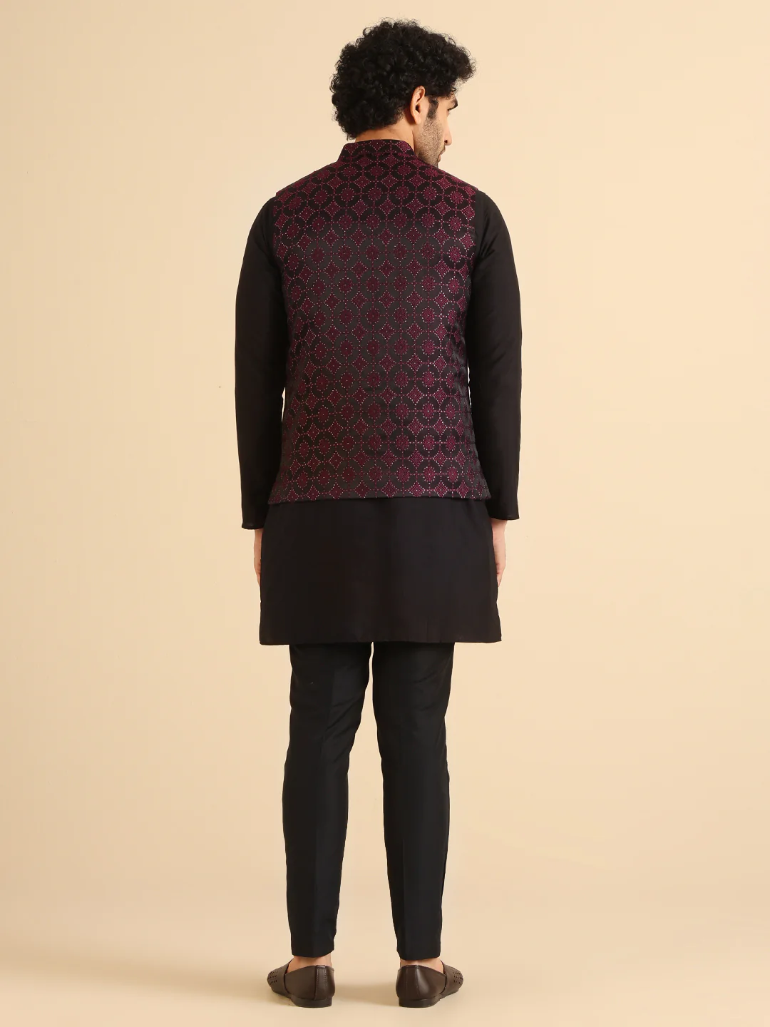 Black Maroon Textured Nehru Jacket - Image 4