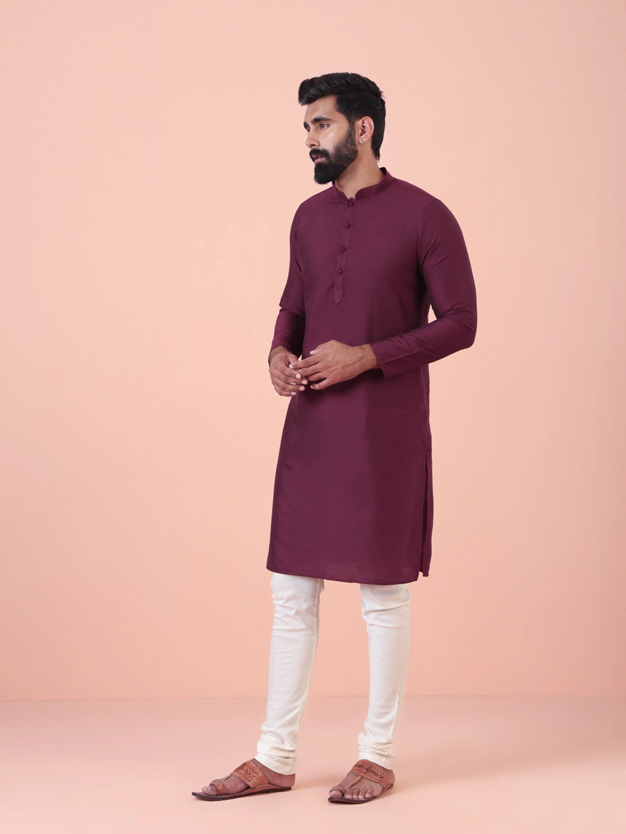 Maroon Solid Kurta Cream Churidar Set - Image 2
