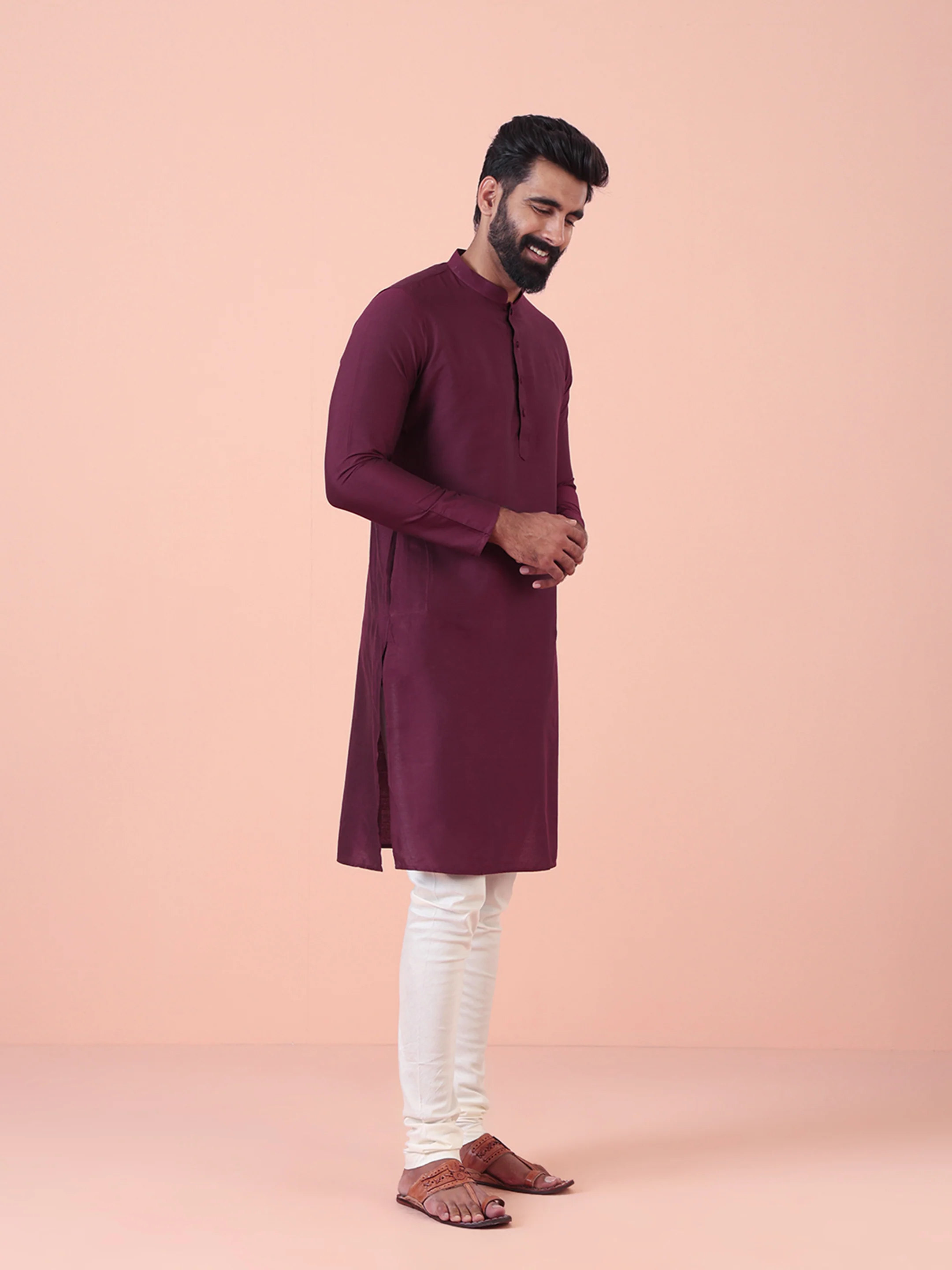 Maroon Solid Kurta Cream Churidar Set - Image 3