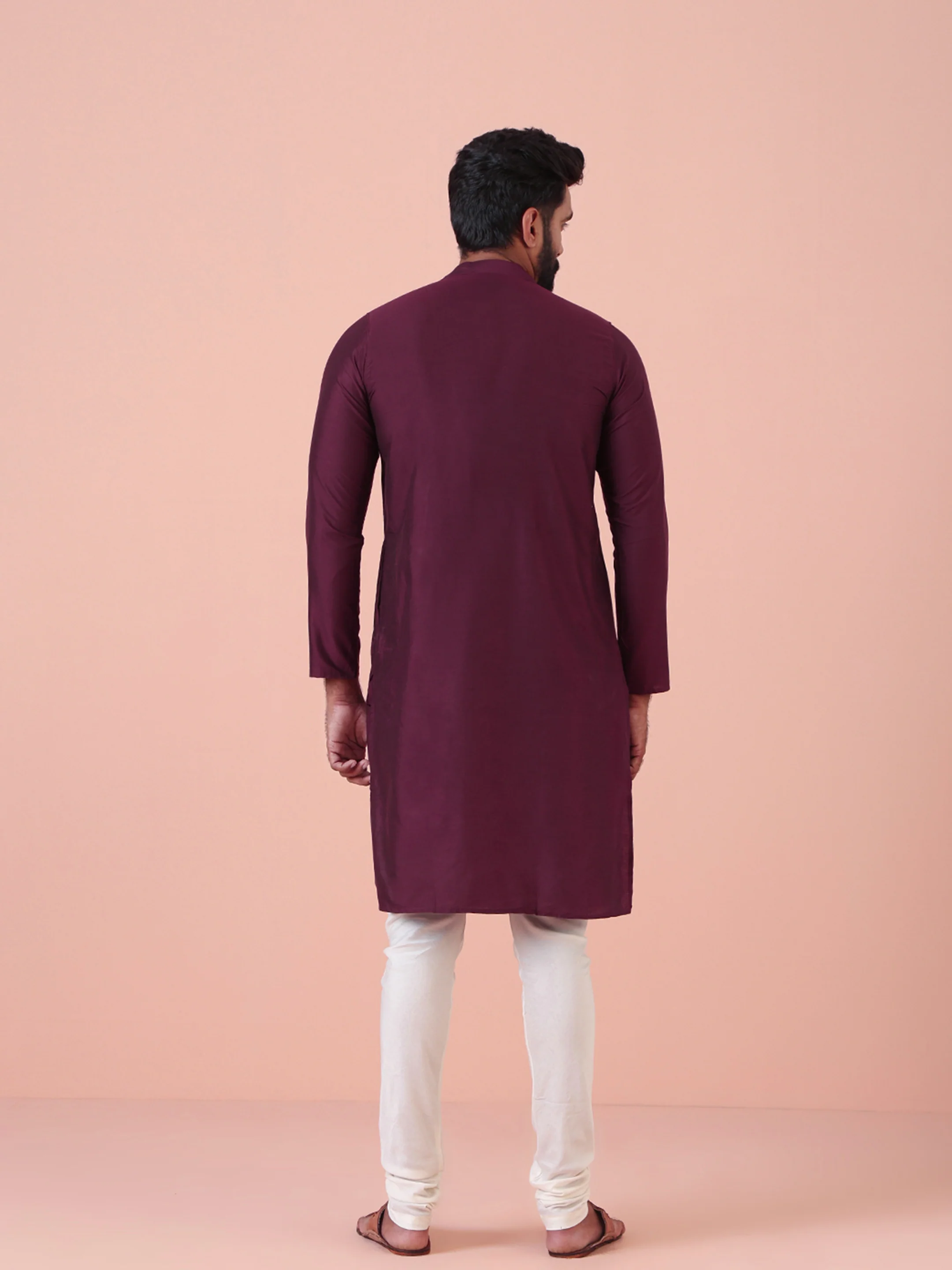 Maroon Solid Kurta Cream Churidar Set - Image 4