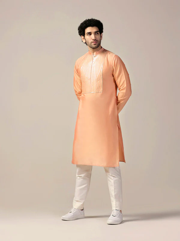 Peach Silk Metallic Embellished Long Kurta - Image 3