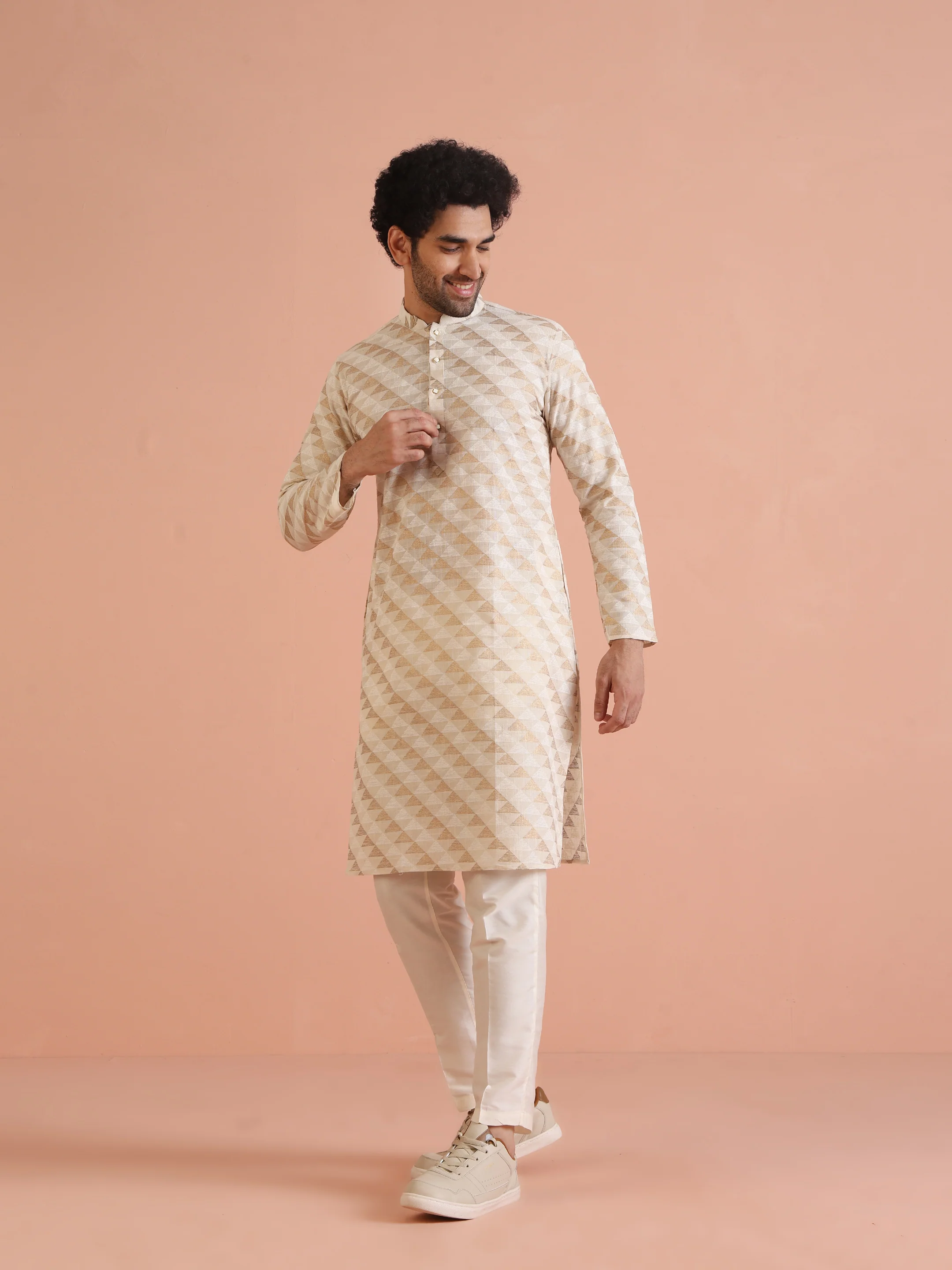 Beige Cotton Silk Geometric Kurta White Trouser Set - Image 3
