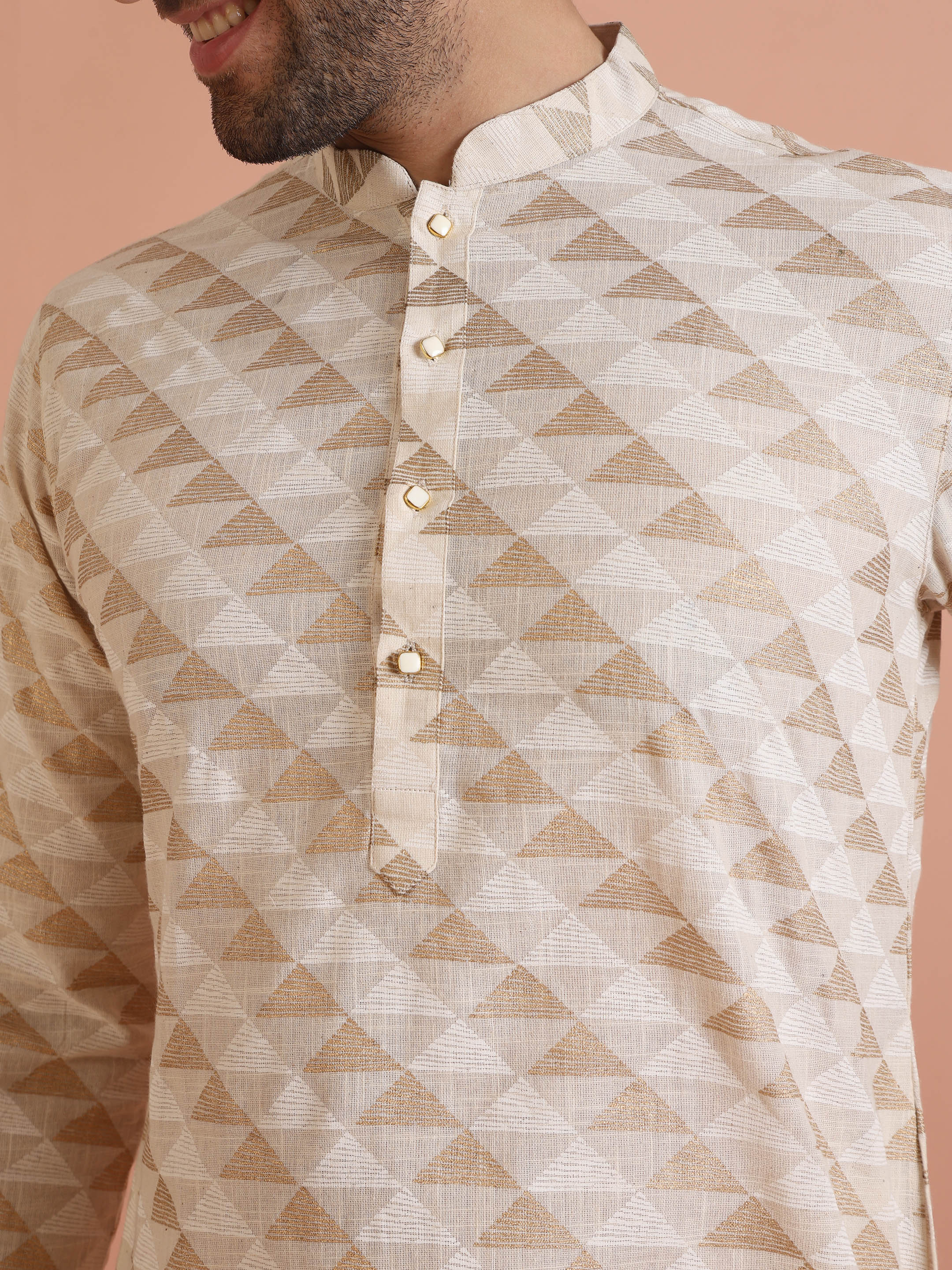 Beige Cotton Silk Geometric Kurta Long - Image 4