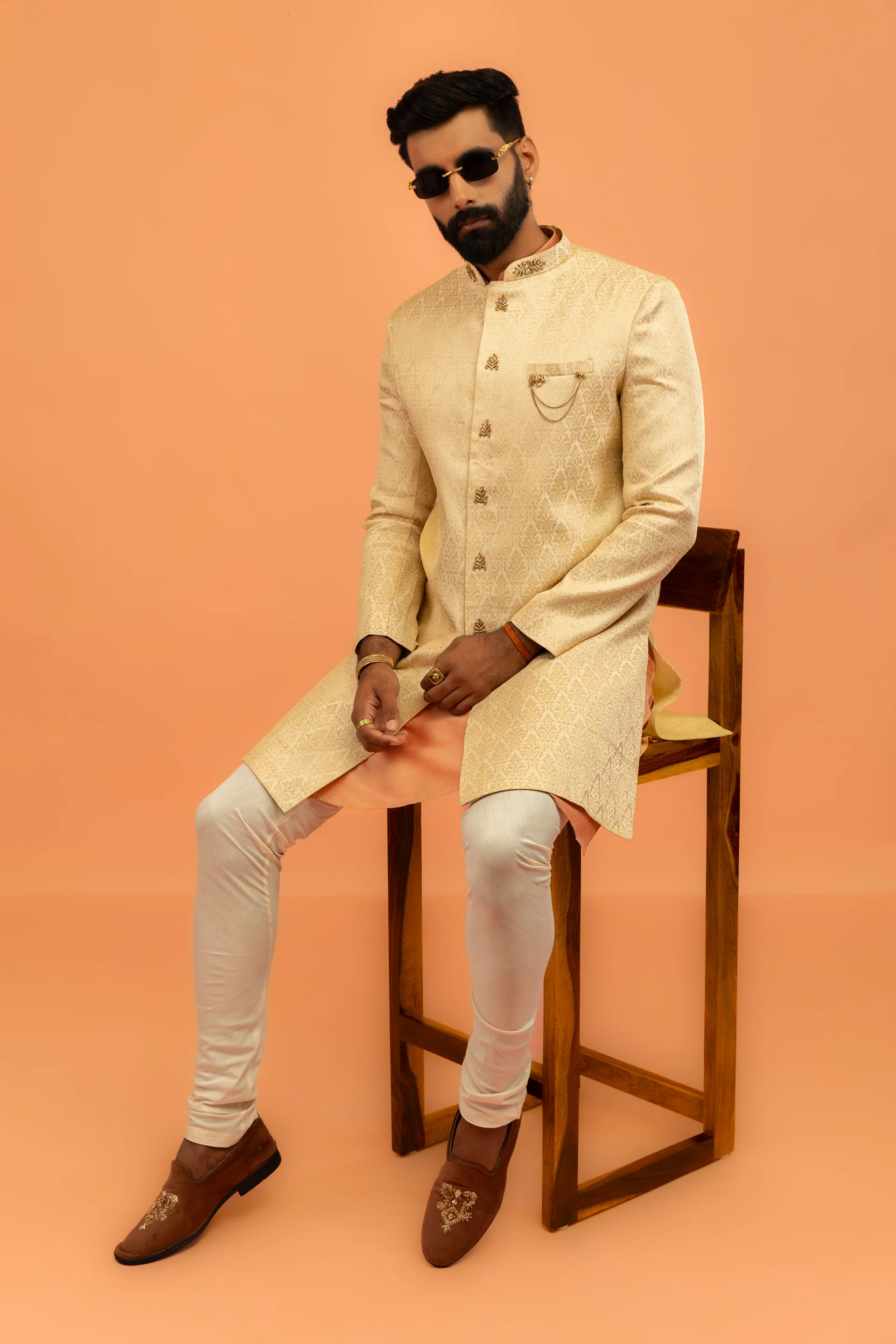 Men Cream Jacquard Kurta Indowestern Churidar Set with Ethnic Motifs