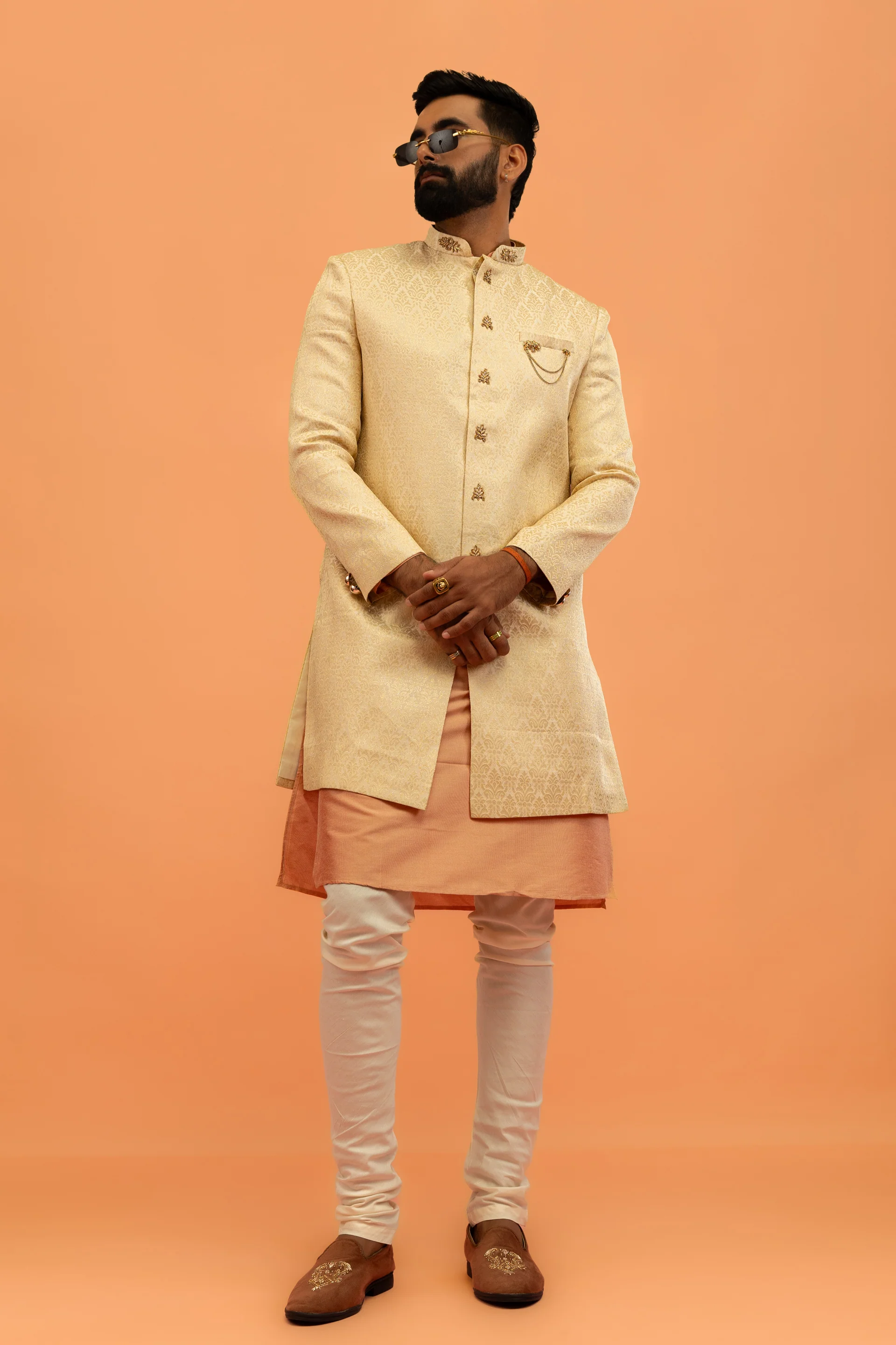 Men Cream Jacquard Kurta Indowestern Churidar Set with Ethnic Motifs - Image 7