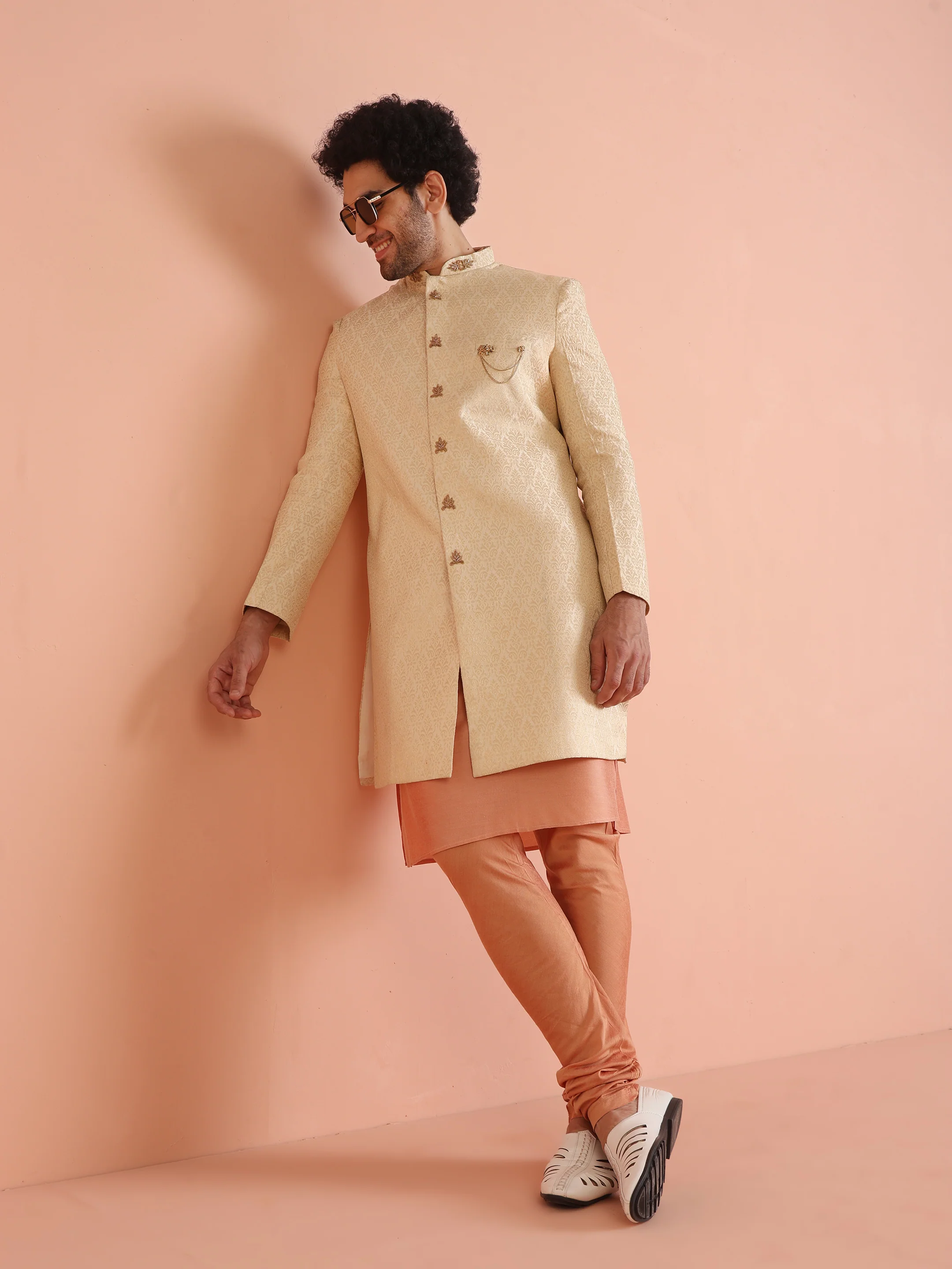 Men Cream Jacquard Kurta Indowestern Churidar Set with Ethnic Motifs