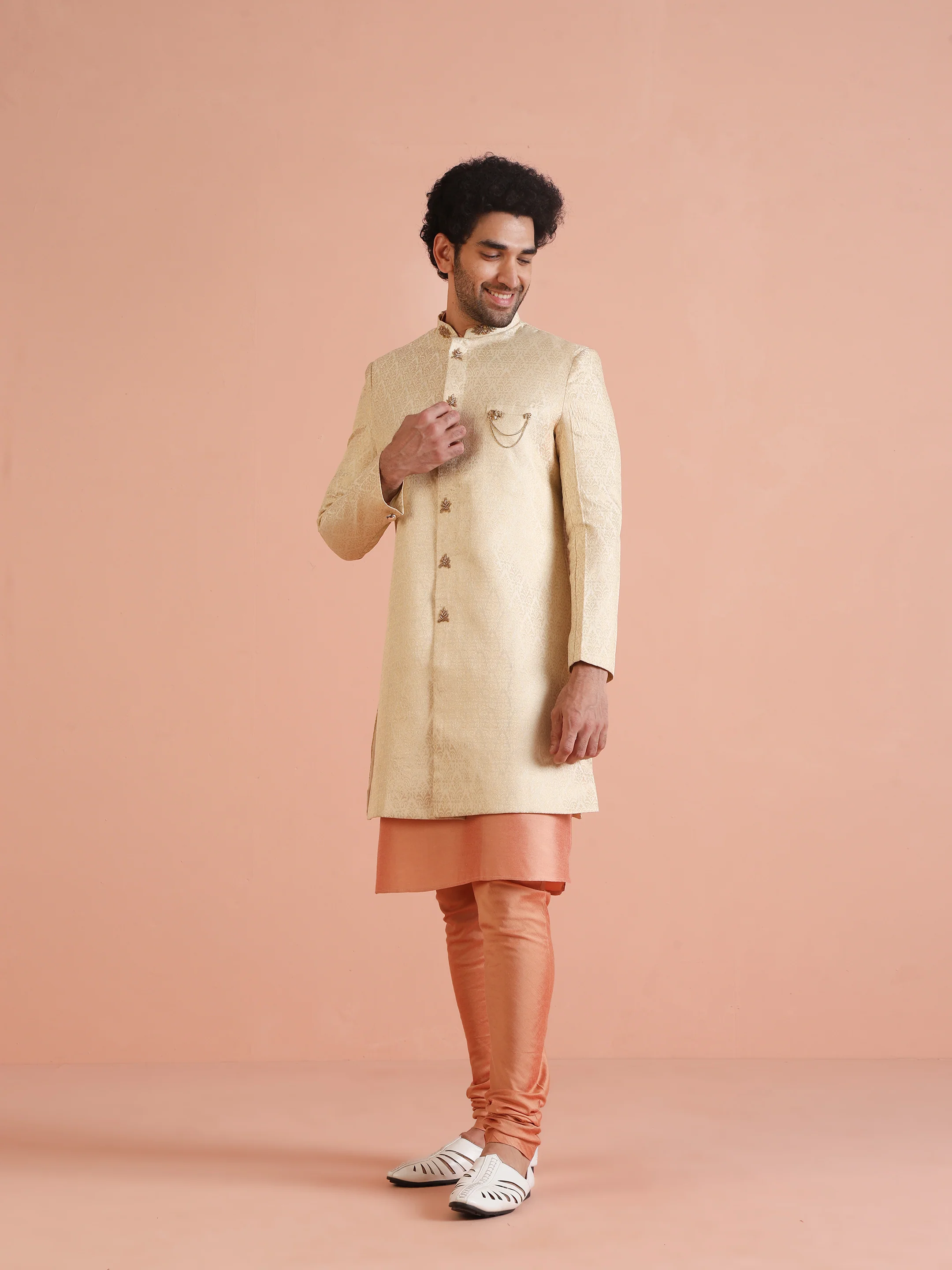 Men Cream Jacquard Kurta Indowestern Churidar Set with Ethnic Motifs - Image 2