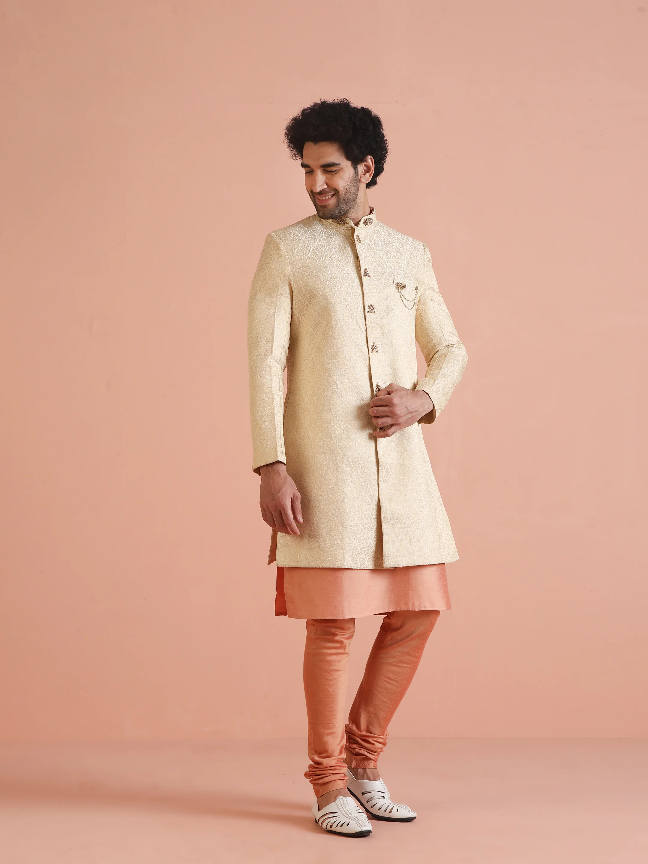 Men Cream Jacquard Kurta Indowestern Churidar Set with Ethnic Motifs - Image 3