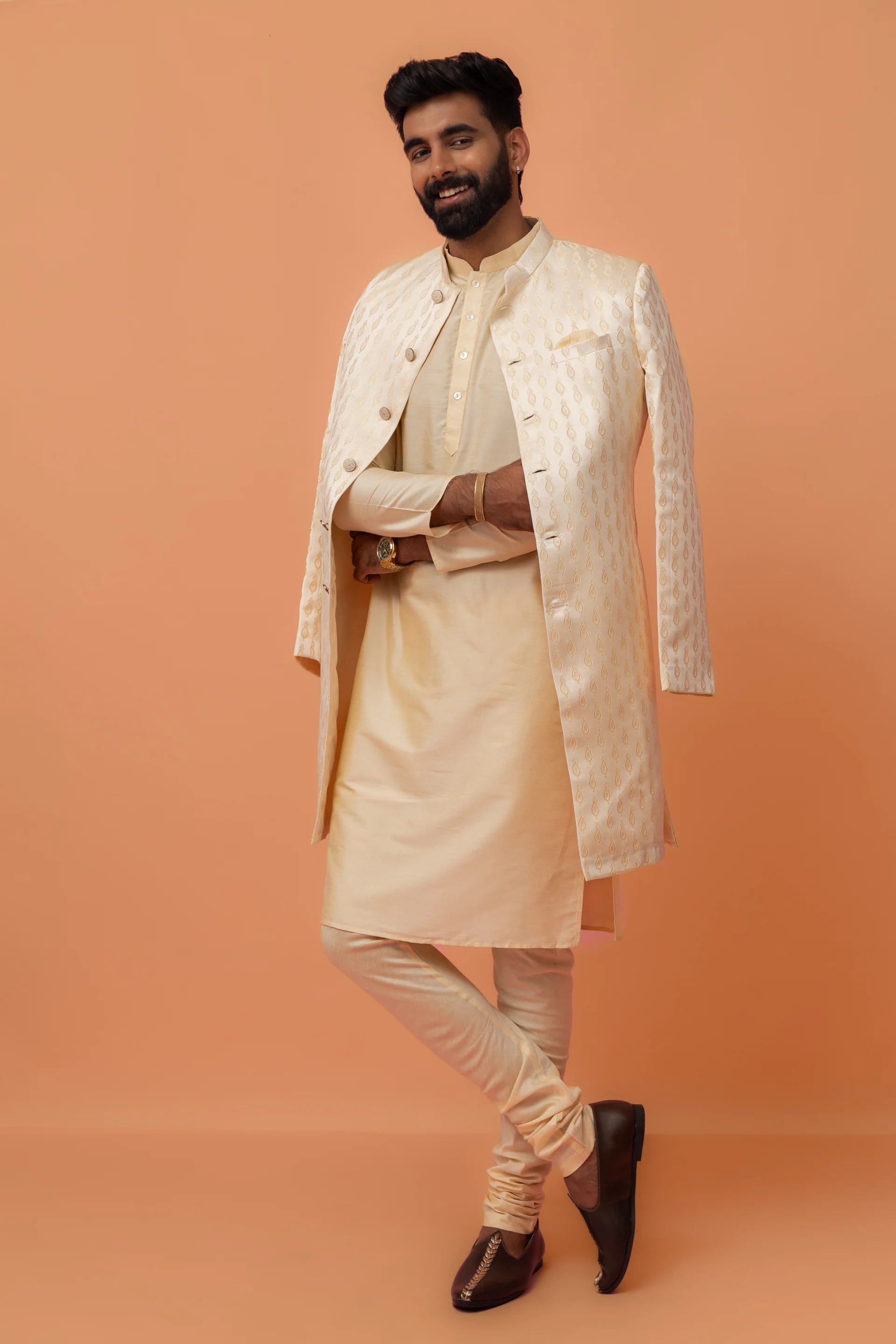Cream Cotton Silk Jacquard Sherwani Kurta Churidar Set
