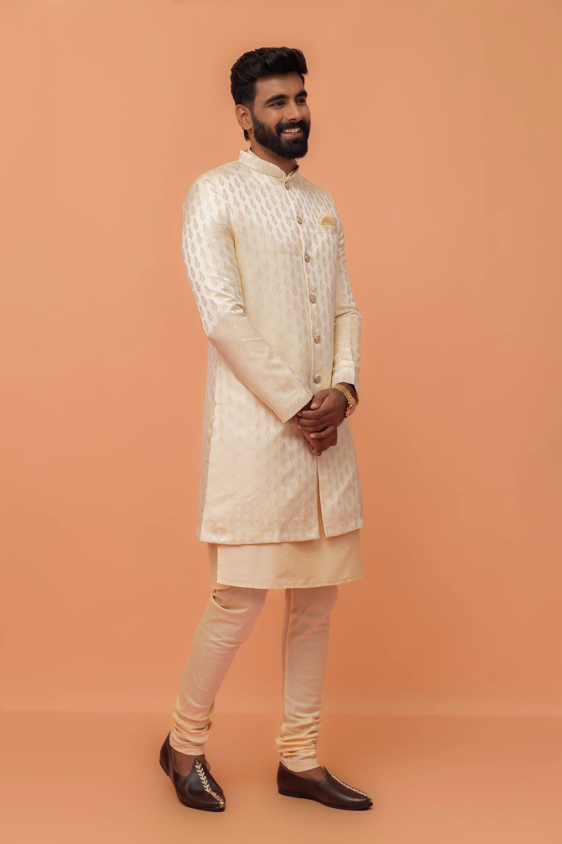 Cream Cotton Silk Jacquard Sherwani Kurta Churidar Set - Image 3