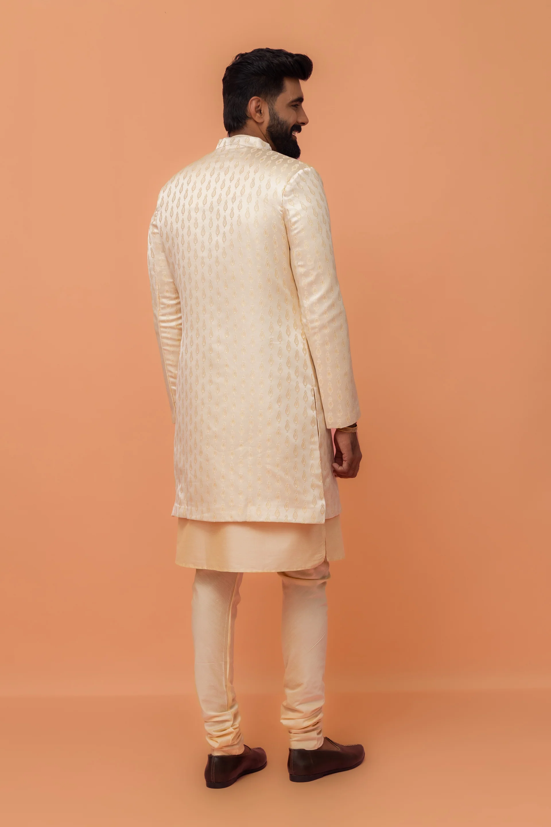 Cream Cotton Silk Jacquard Sherwani Kurta Churidar Set - Image 4
