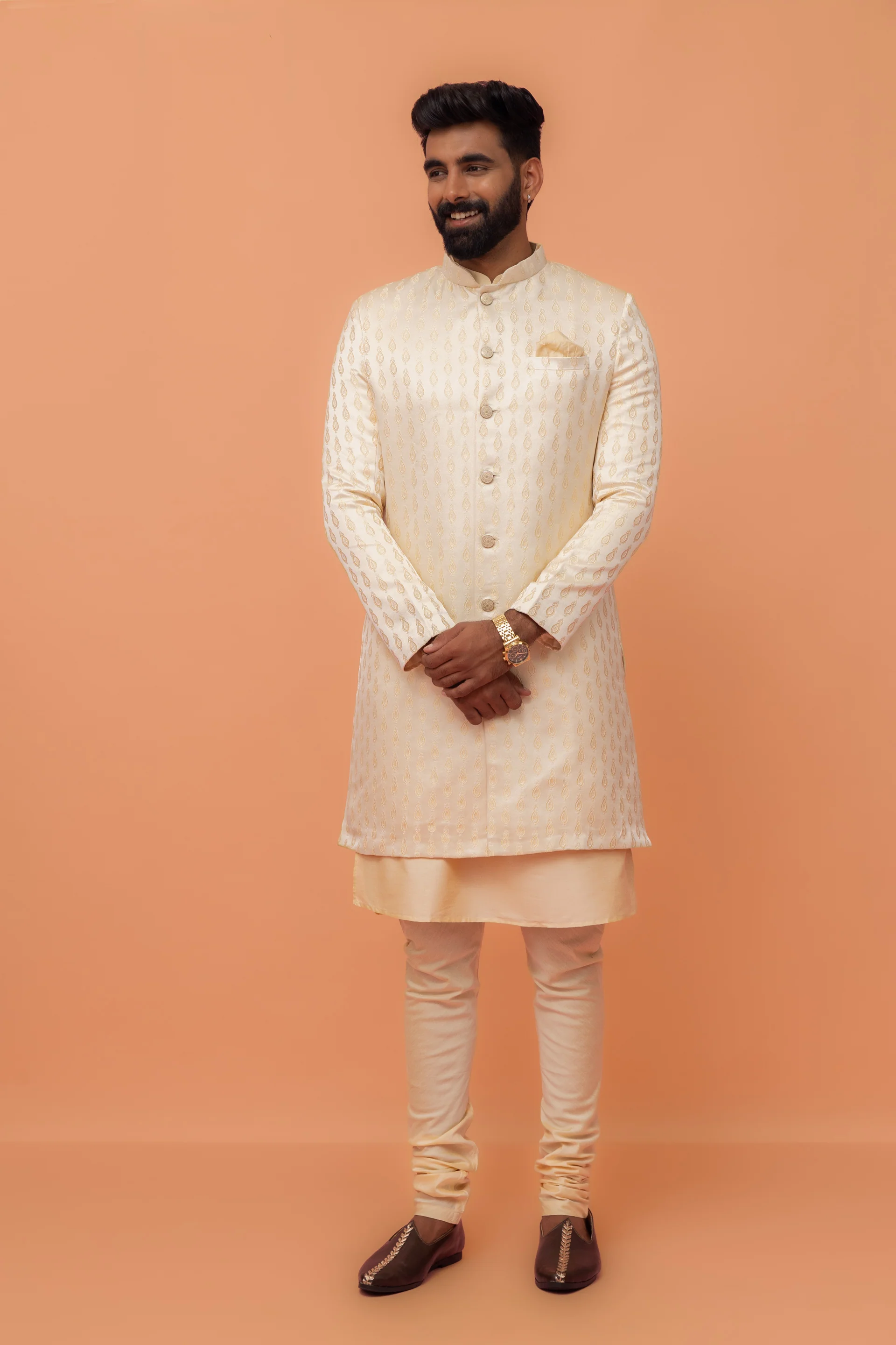 Cream Cotton Silk Jacquard Sherwani Kurta Churidar Set - Image 8