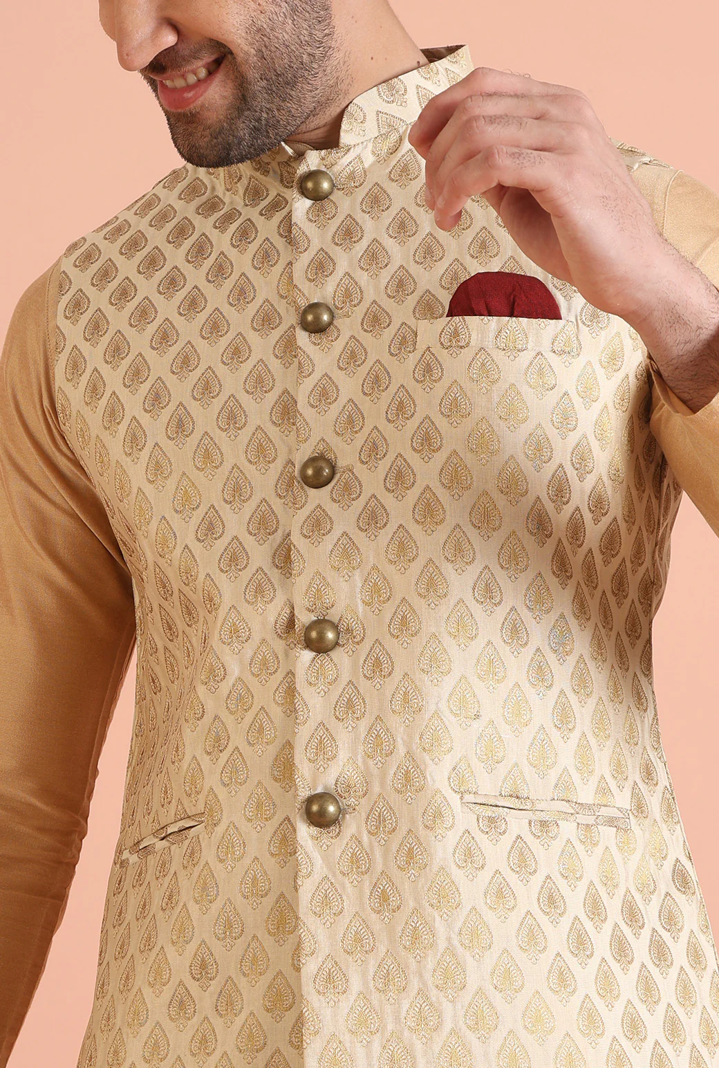 Men Cream Jacquard Kurta Jacket Churidar Set with Ethnic Motifs - Image 4