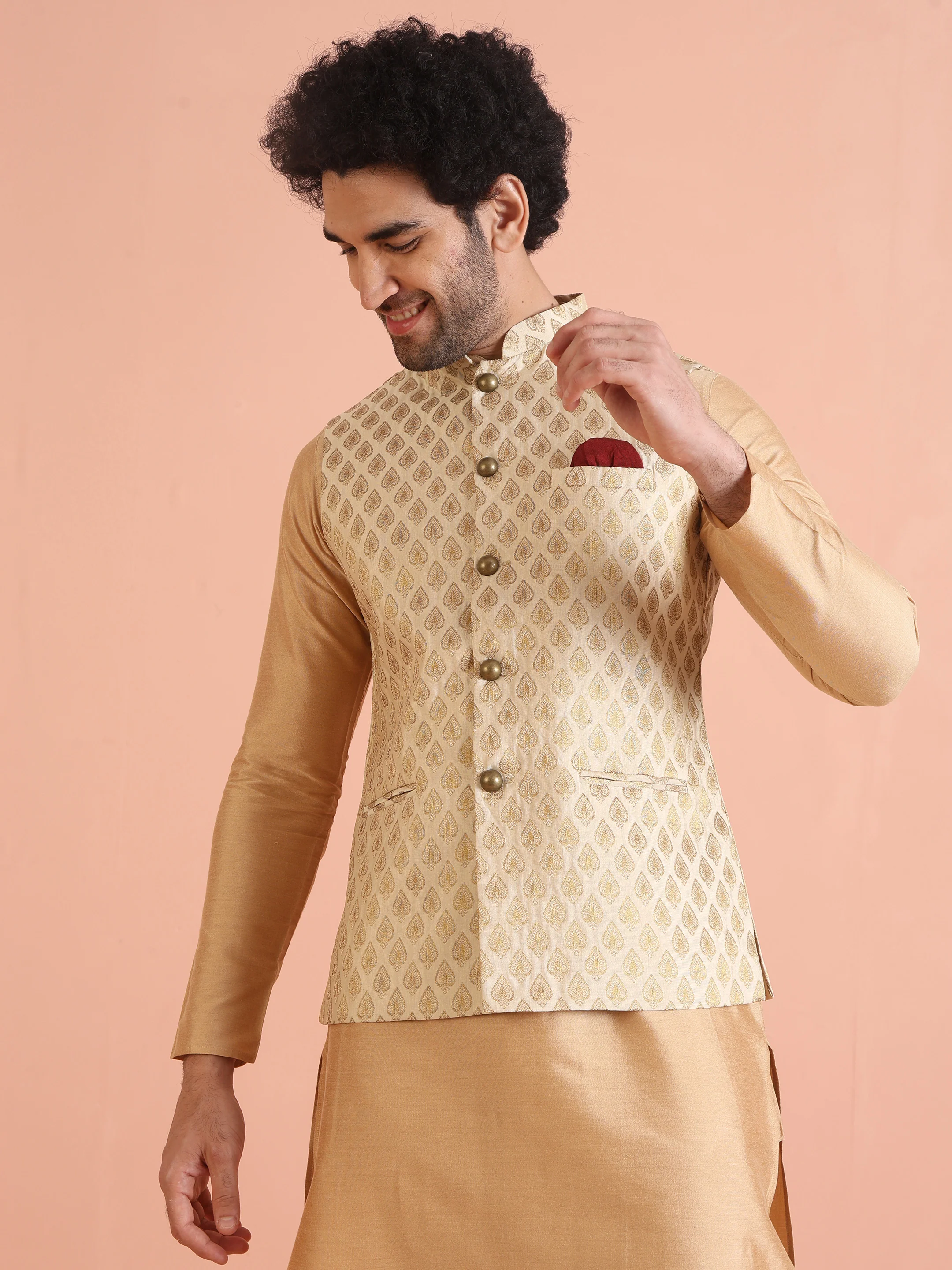 Men Cream Jacquard Kurta Jacket Churidar Set with Ethnic Motifs - Image 7