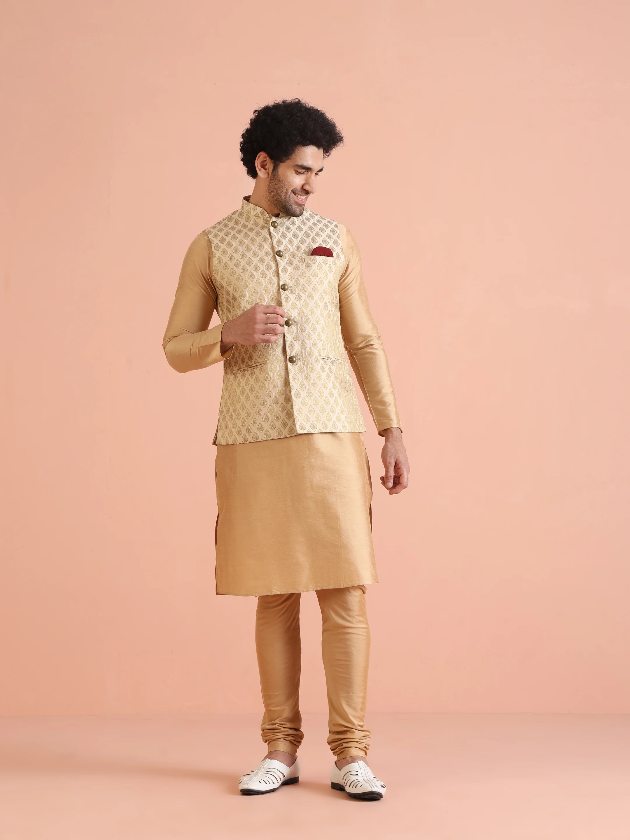 Men Cream Jacquard Kurta Jacket Churidar Set with Ethnic Motifs - Image 8
