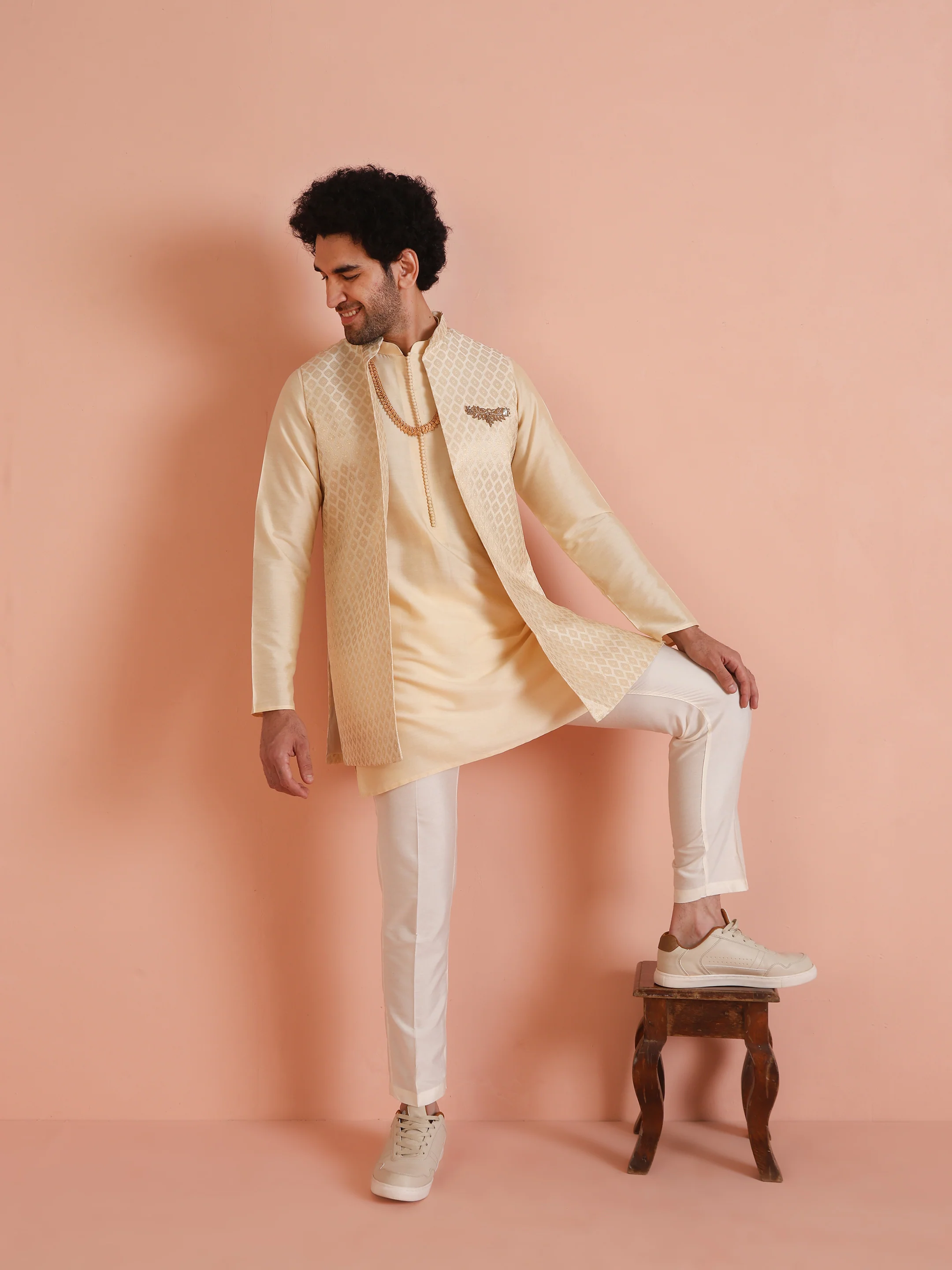 Cream Jacquard Ethnic Motif Nehru Jacket Kurta Trouser Set – Wedding & Festive Wear