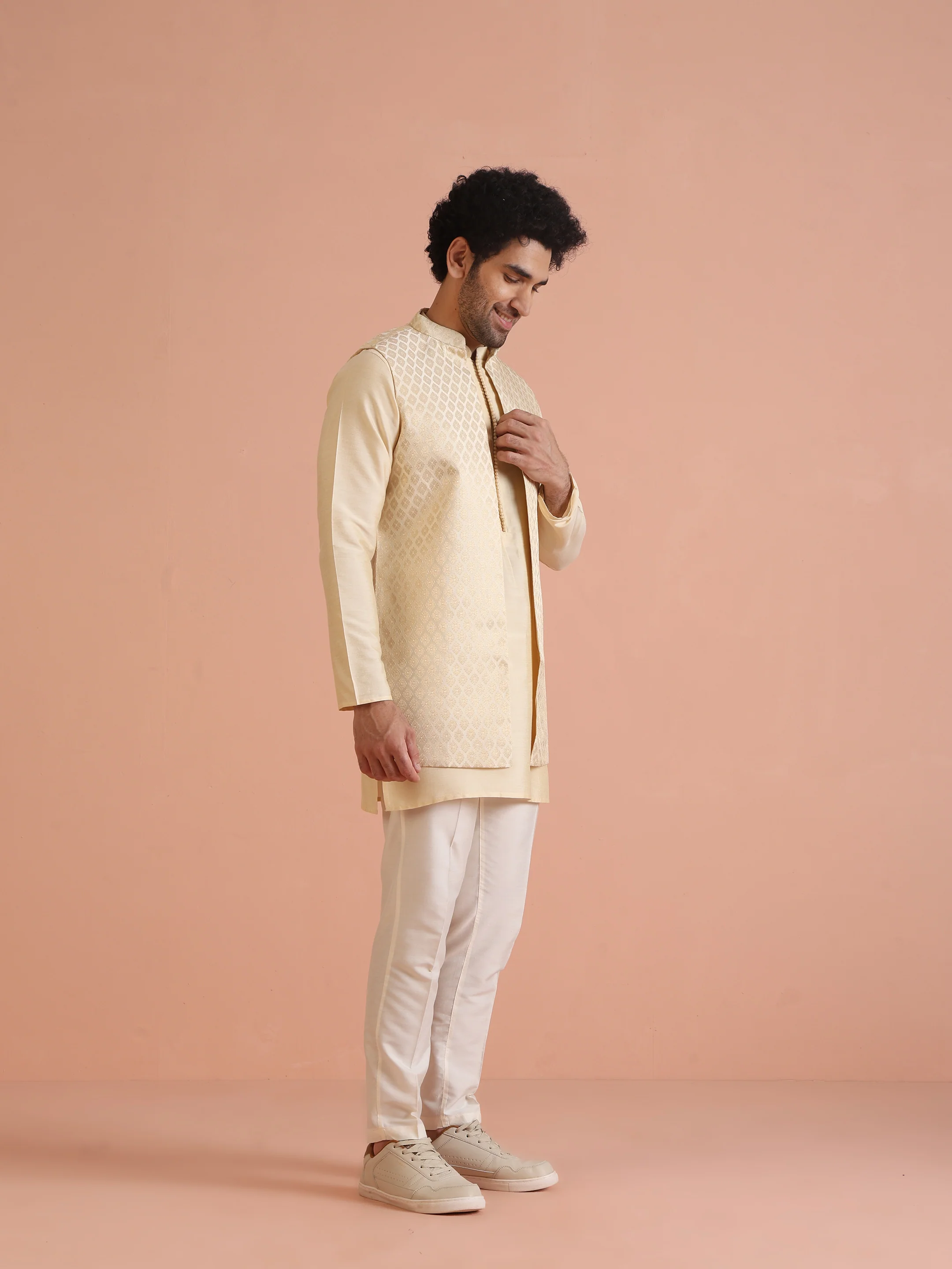 Cream Jacquard Ethnic Motif Nehru Jacket Kurta Trouser Set – Wedding & Festive Wear - Image 2