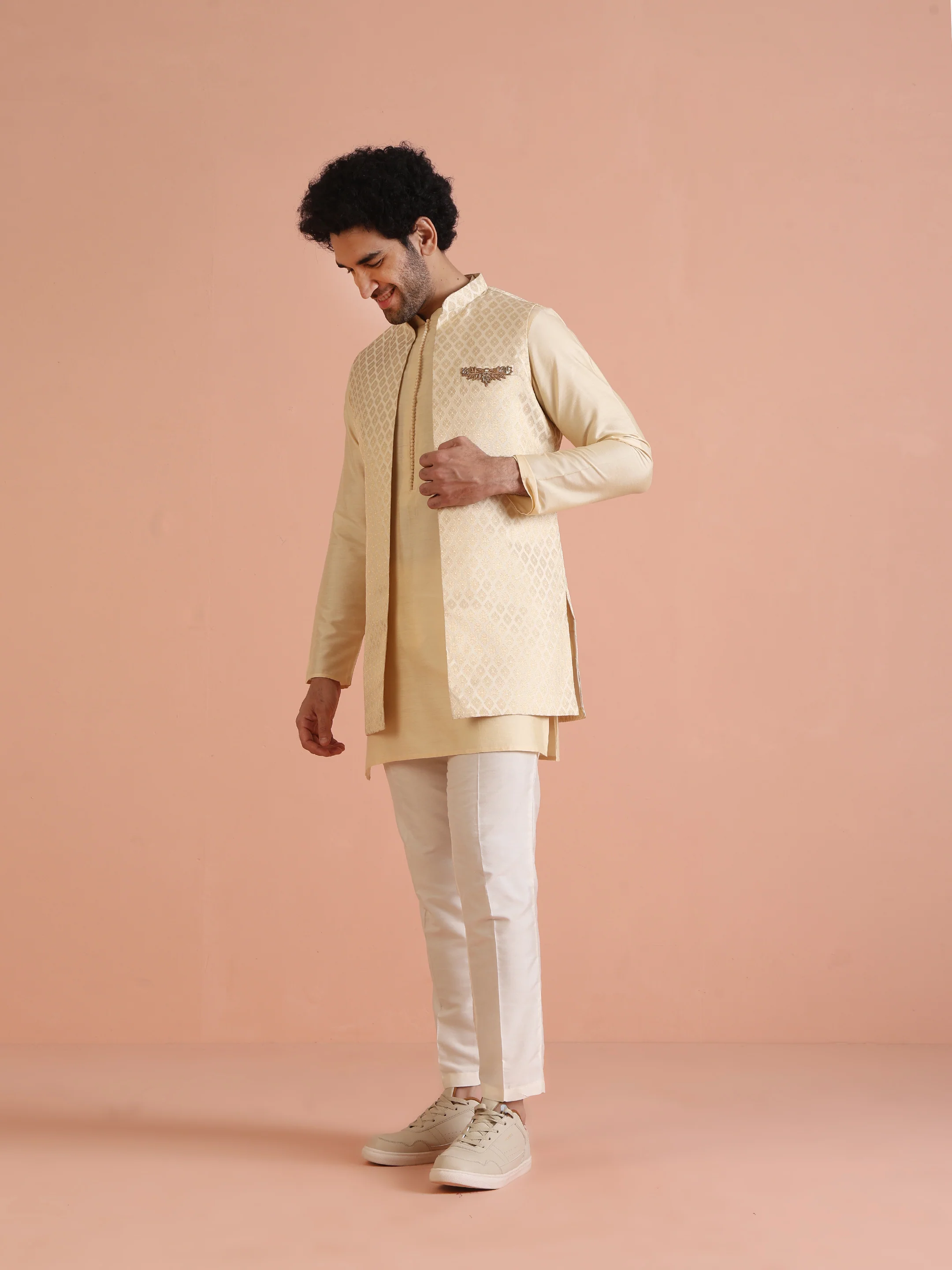 Cream Jacquard Ethnic Motif Nehru Jacket Kurta Trouser Set – Wedding & Festive Wear - Image 3