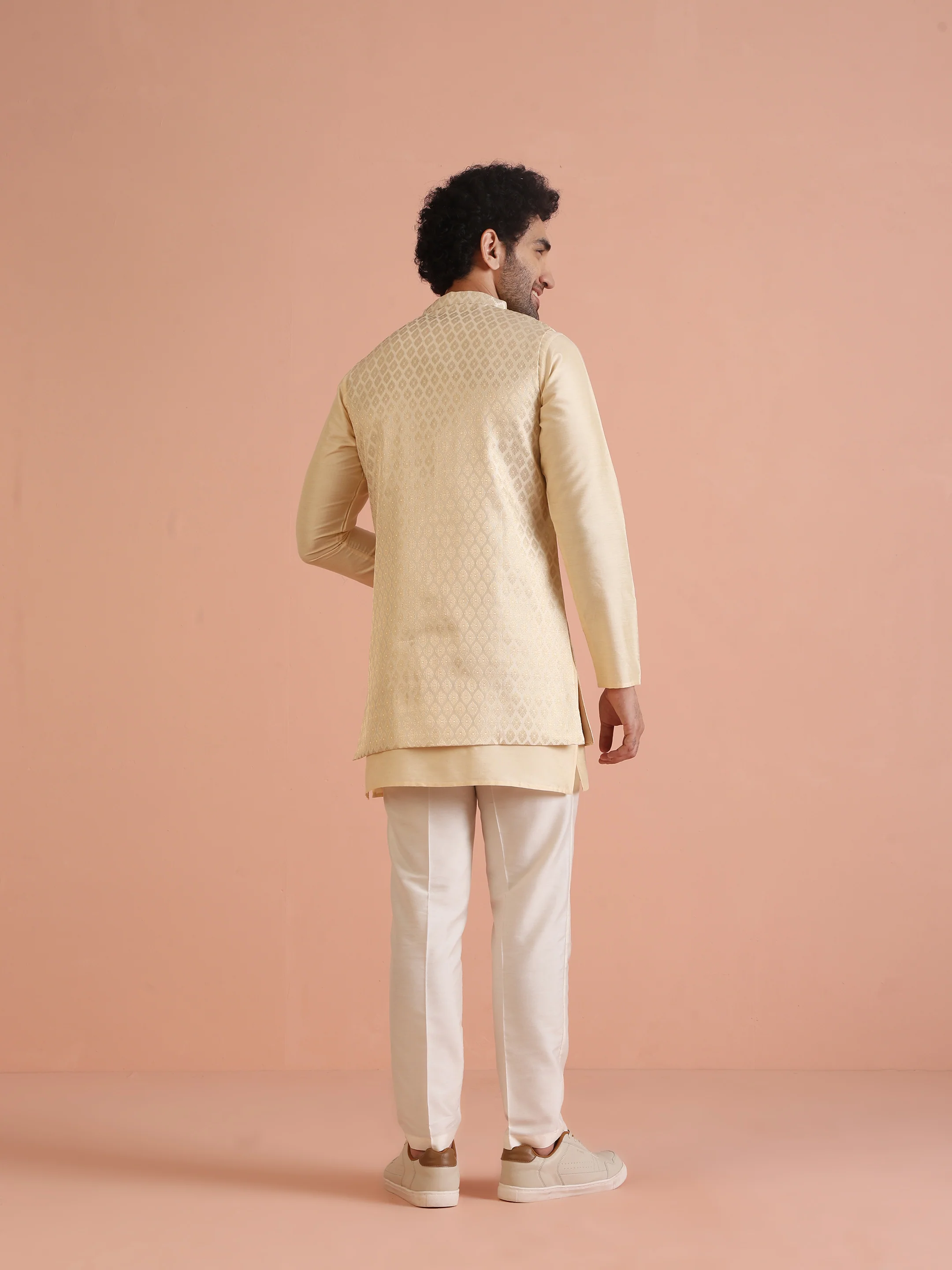 Cream Jacquard Ethnic Motif Nehru Jacket Kurta Trouser Set – Wedding & Festive Wear - Image 4