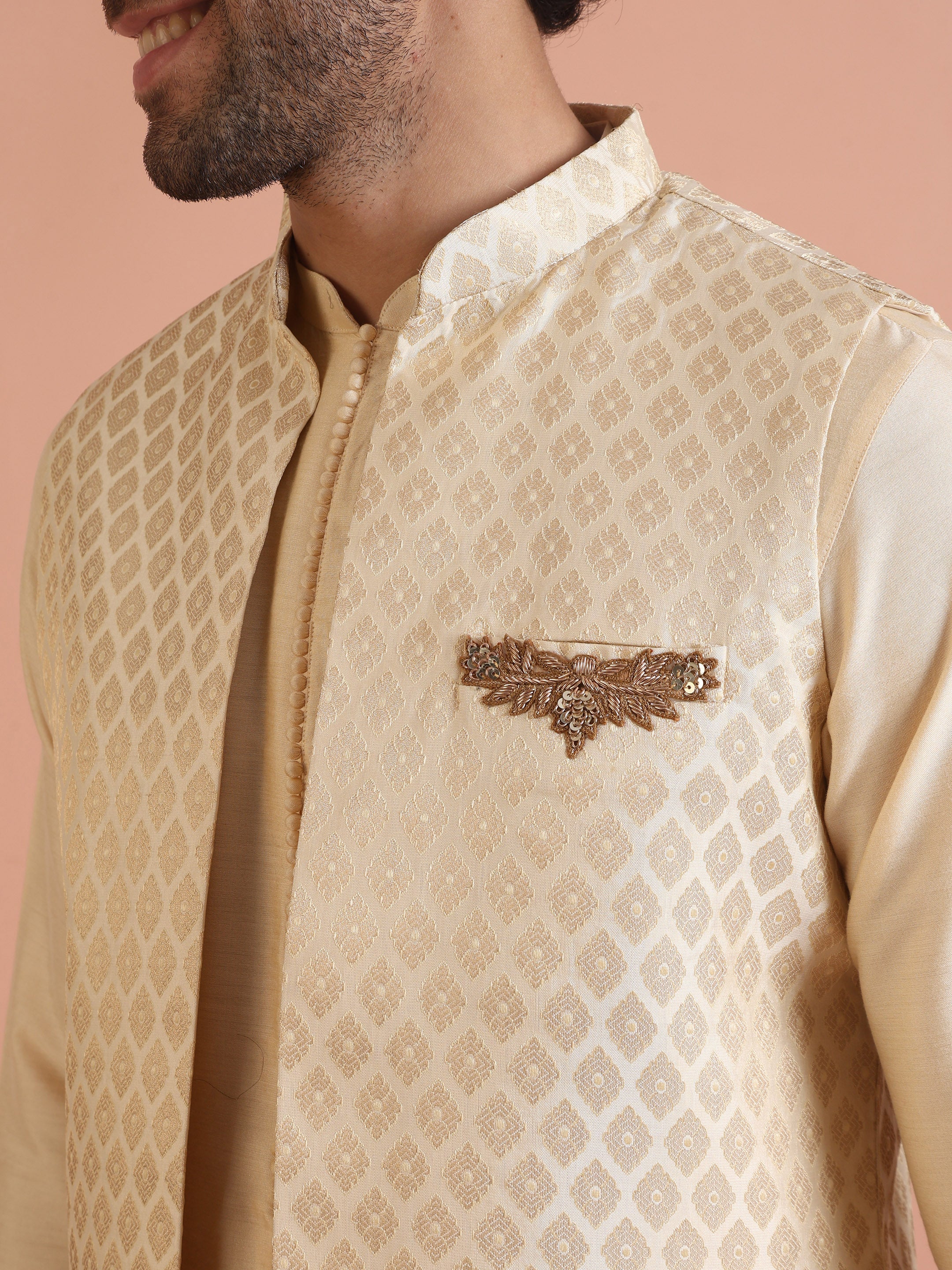 Cream Jacquard Ethnic Motif Nehru Jacket Kurta Trouser Set – Wedding & Festive Wear - Image 5