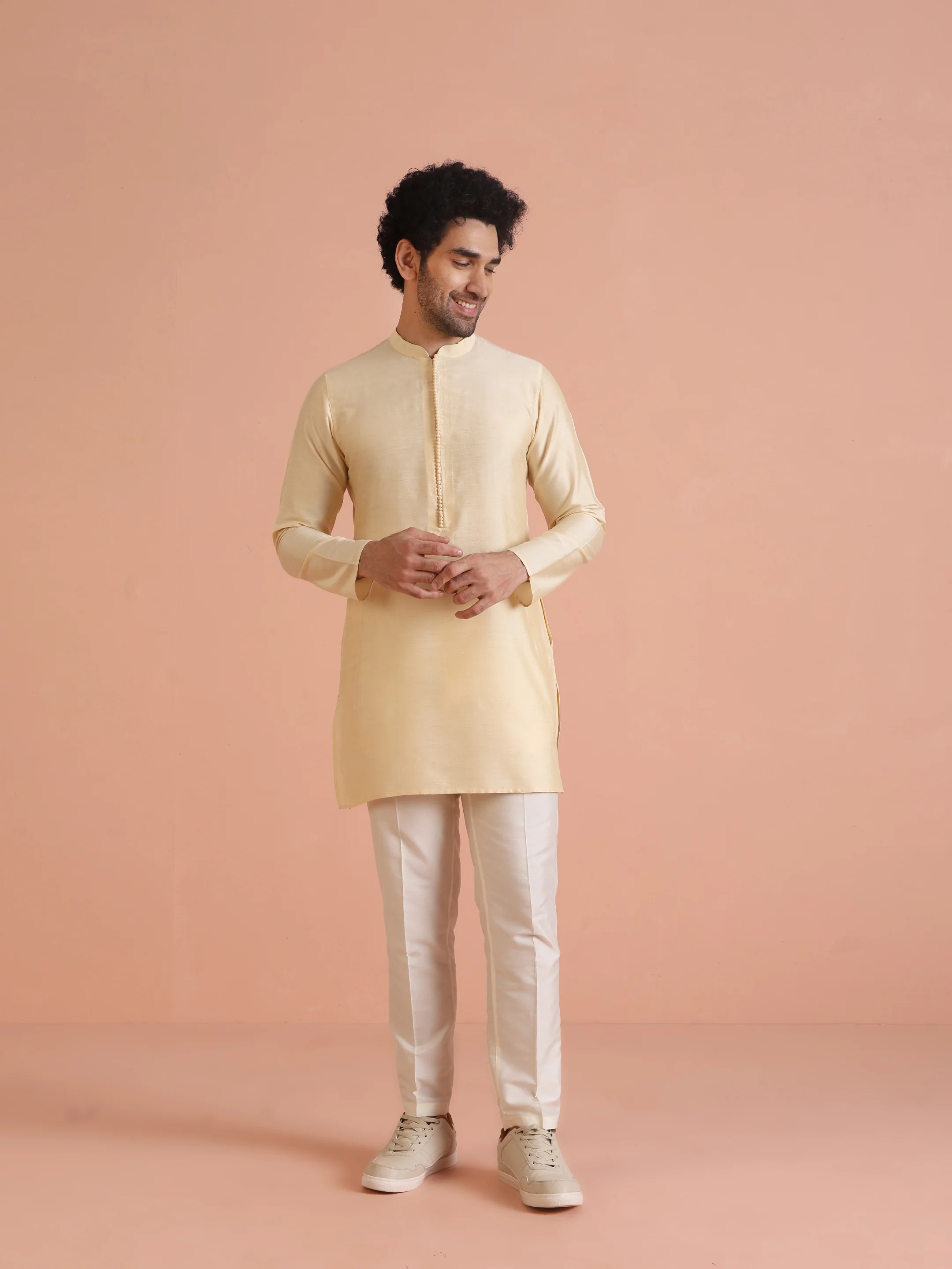 Cream Jacquard Ethnic Motif Nehru Jacket Kurta Trouser Set – Wedding & Festive Wear - Image 6