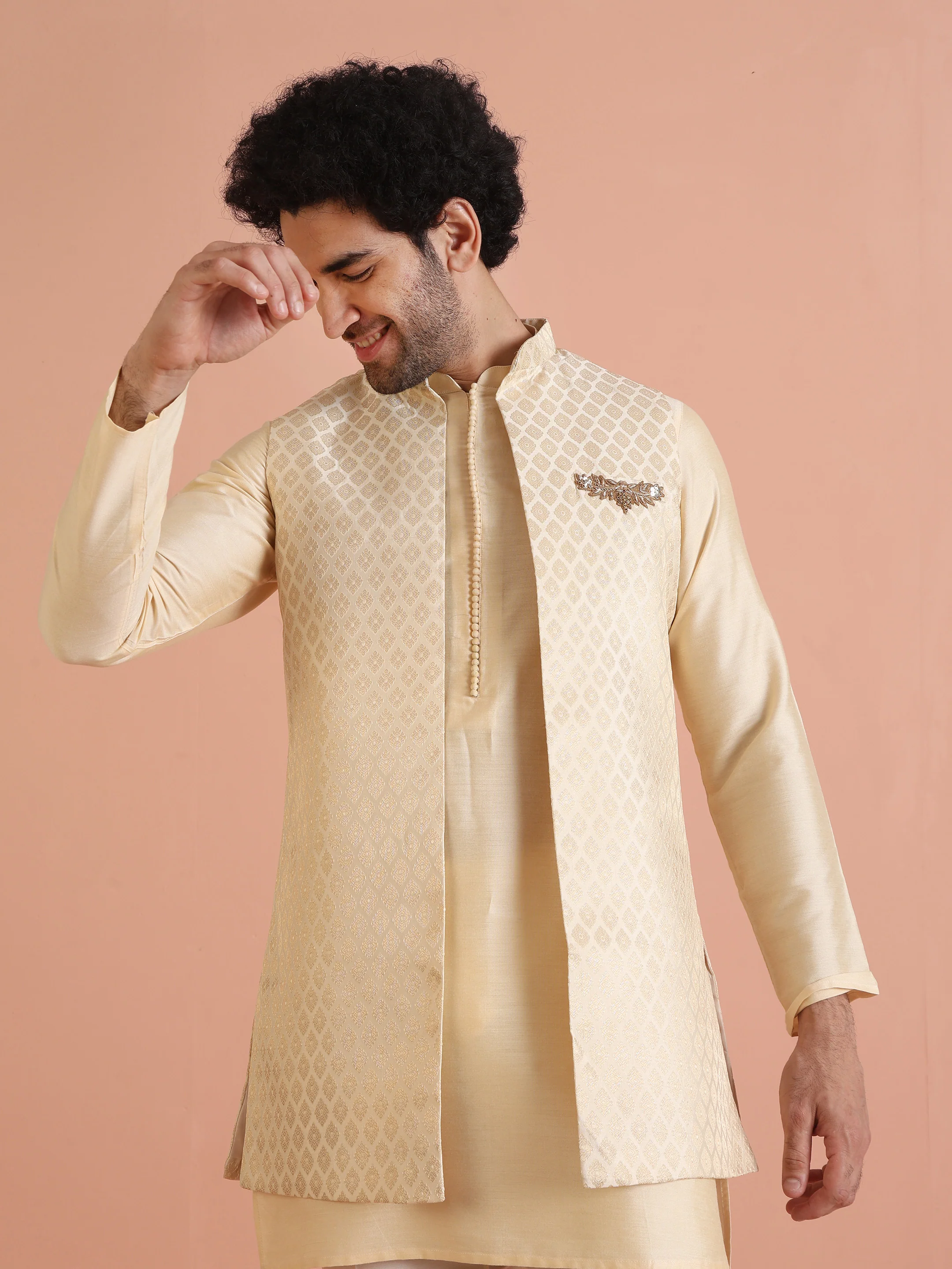 Cream Jacquard Ethnic Motif Nehru Jacket Kurta Trouser Set – Wedding & Festive Wear - Image 7