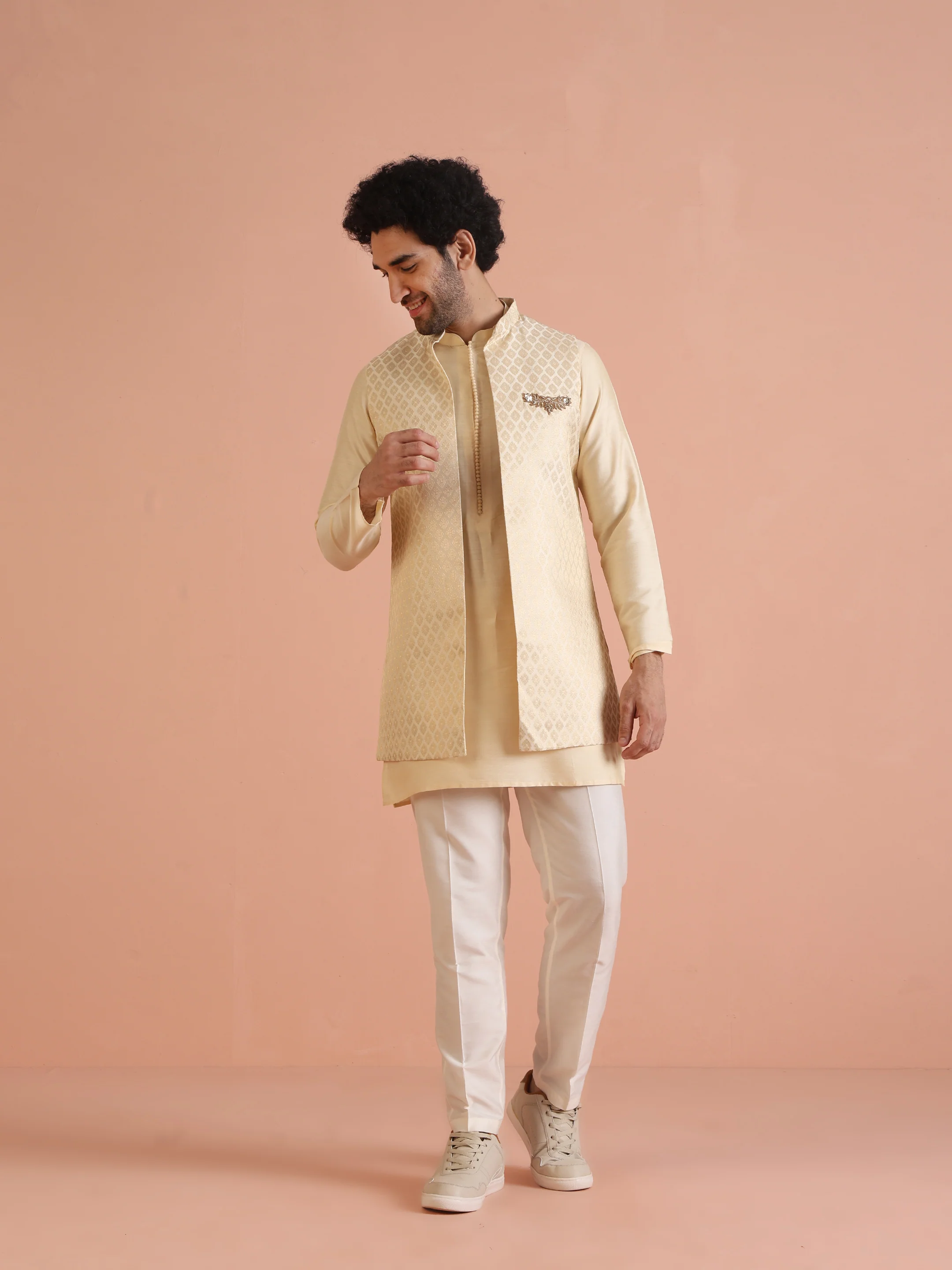 Cream Jacquard Ethnic Motif Nehru Jacket Kurta Trouser Set – Wedding & Festive Wear - Image 8