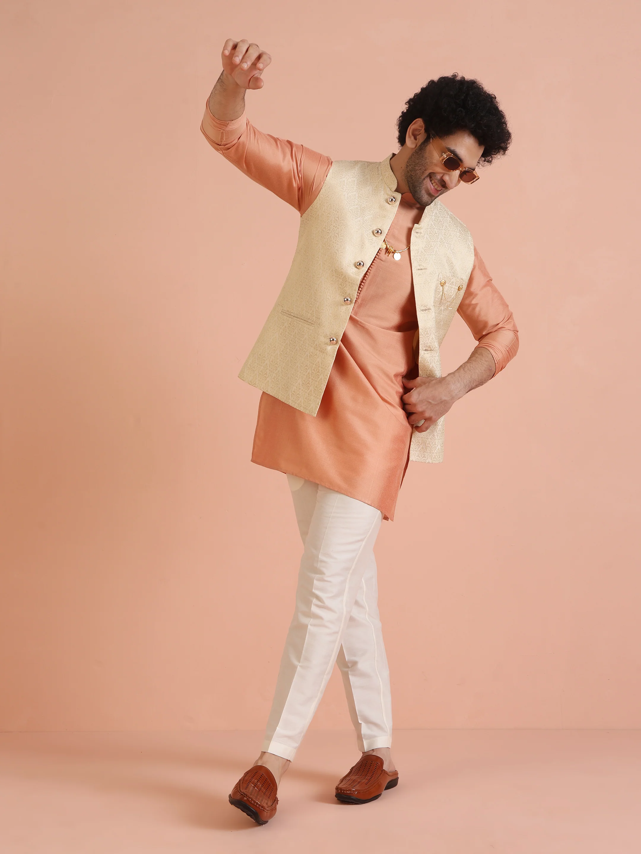 Beige Jacquard Kurta Jacket Trouser Set