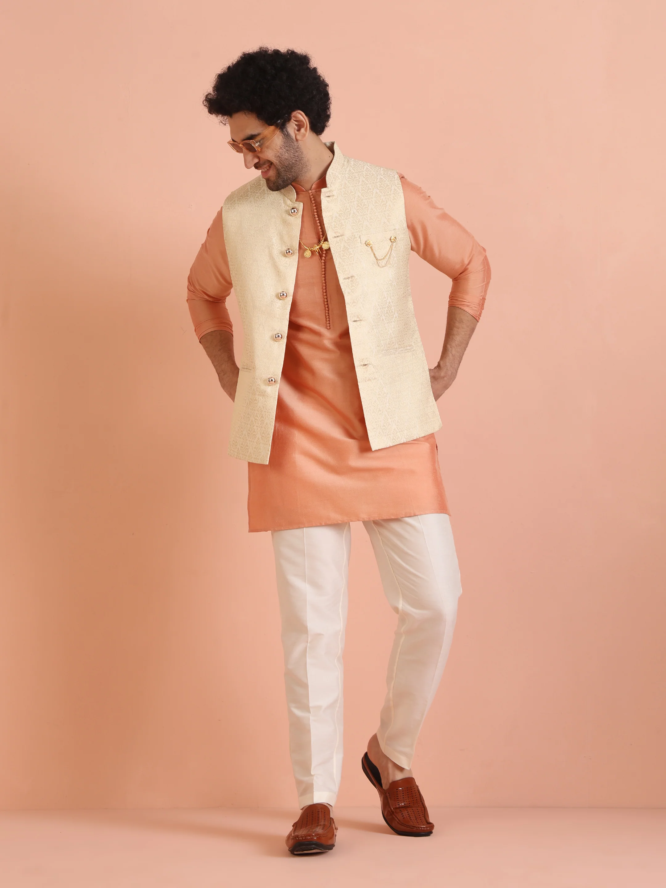 Beige Jacquard Kurta Jacket Trouser Set - Image 2