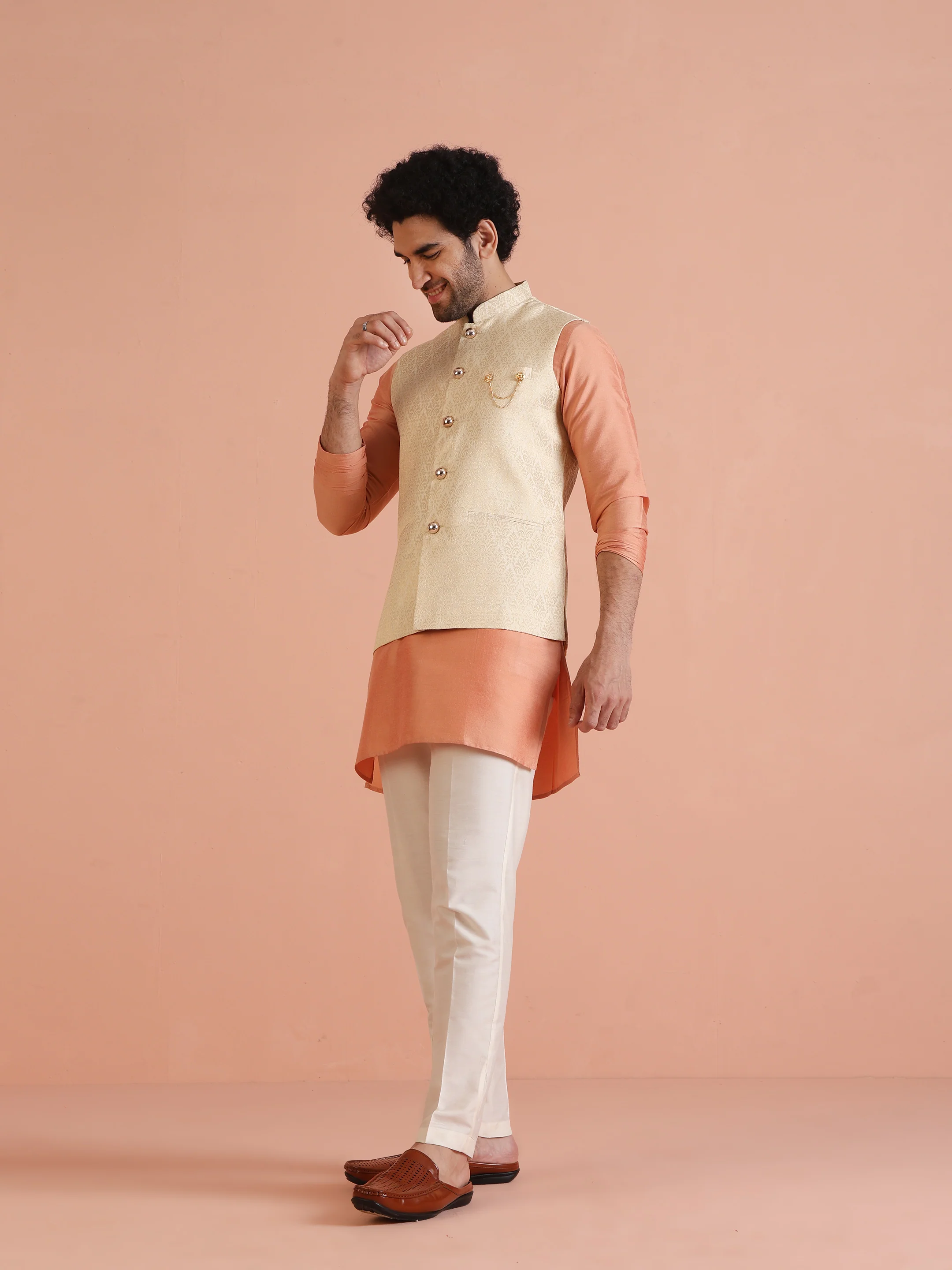 Beige Jacquard Kurta Jacket Trouser Set - Image 3