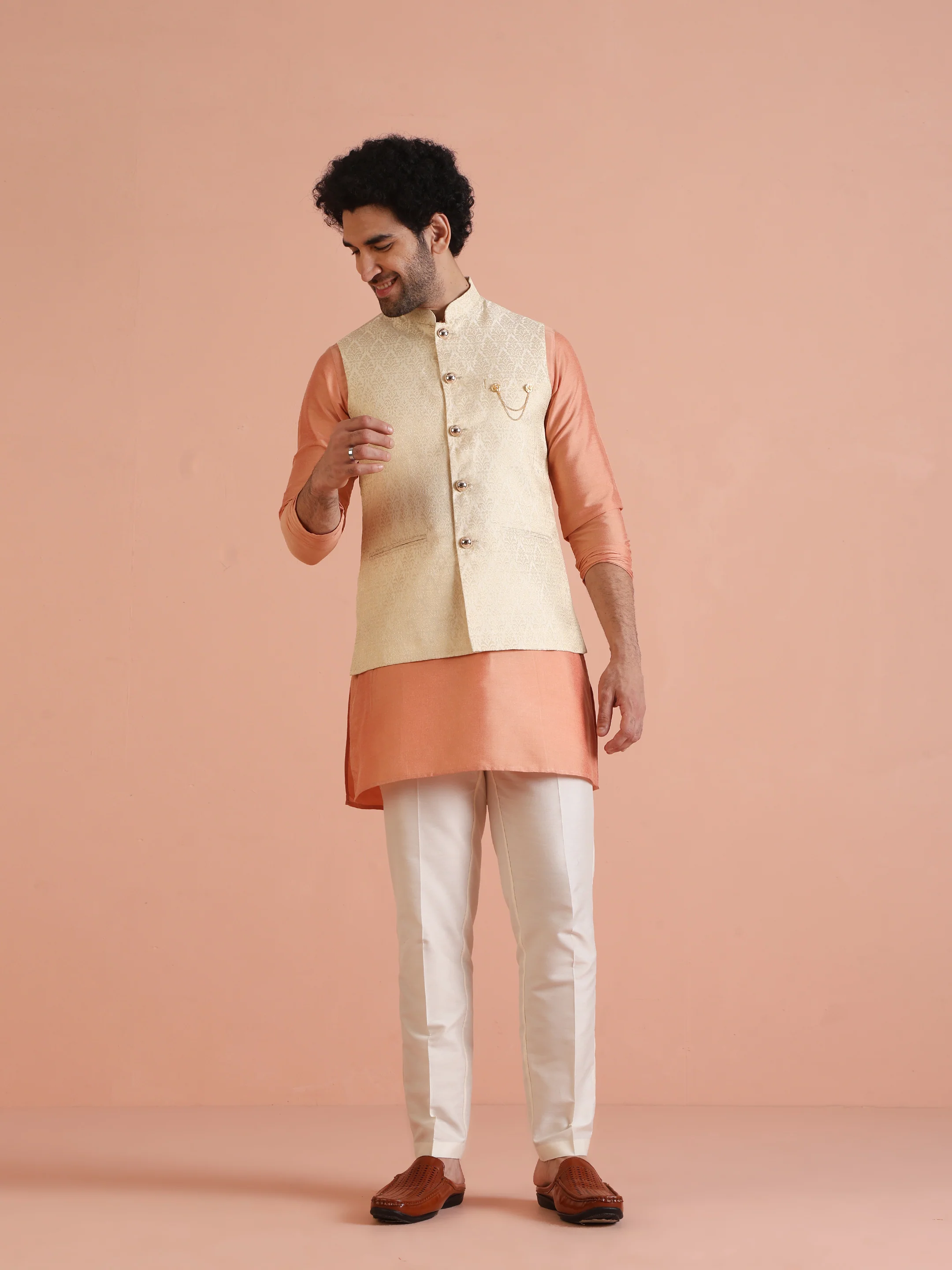 Beige Jacquard Kurta Jacket Trouser Set - Image 8
