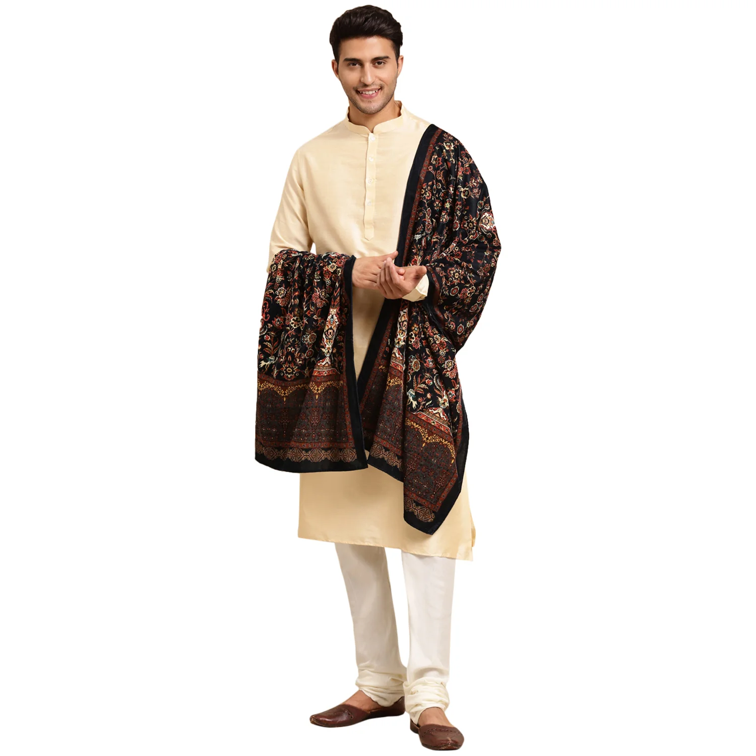 Beige Silk Blend Kurta Churidar with Embroidered Dupatta