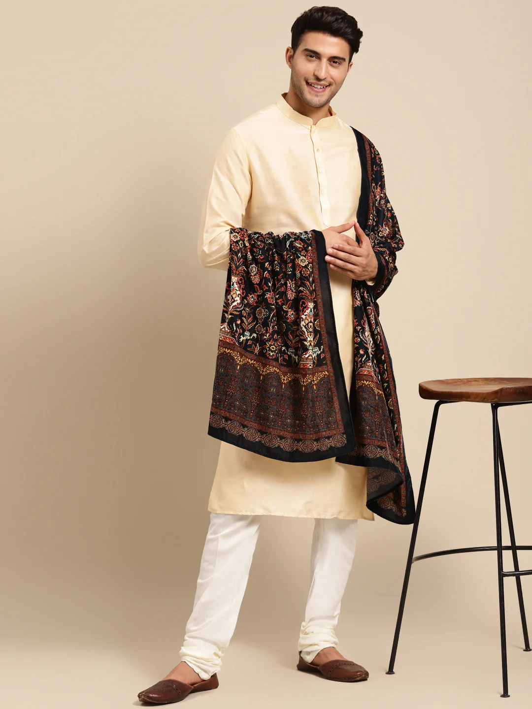 Beige Silk Blend Kurta Churidar with Embroidered Dupatta - Image 2