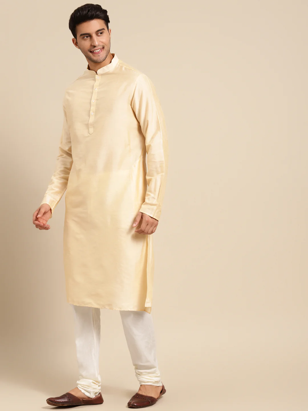 Beige Silk Blend Kurta Churidar with Embroidered Dupatta - Image 4