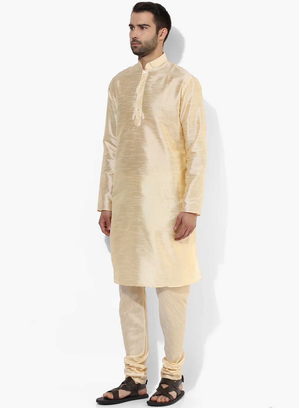 Men Cream Kurta Churidar Set - Image 3