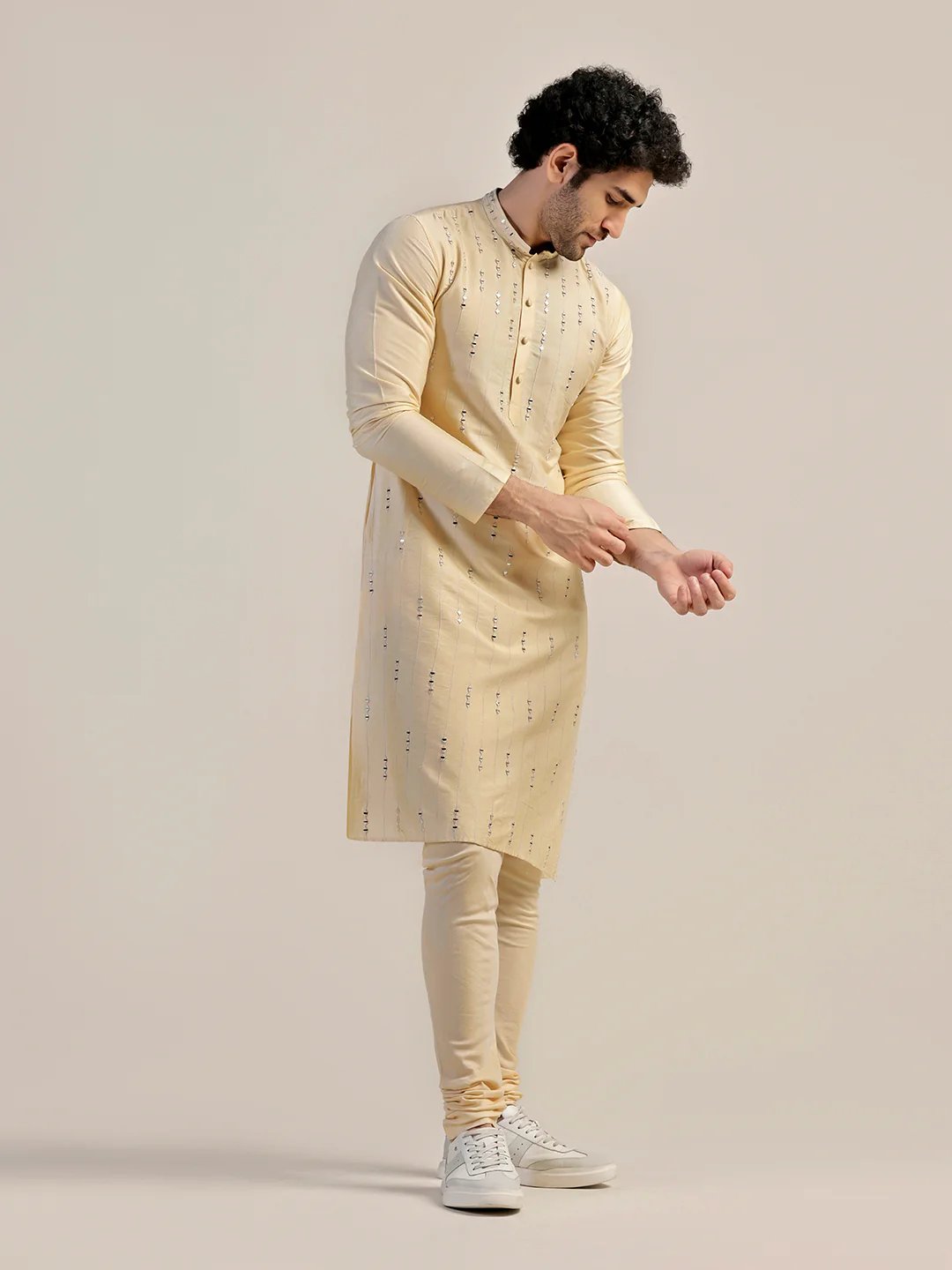 Beige Embroidered Kurta Churidar Set - Image 3