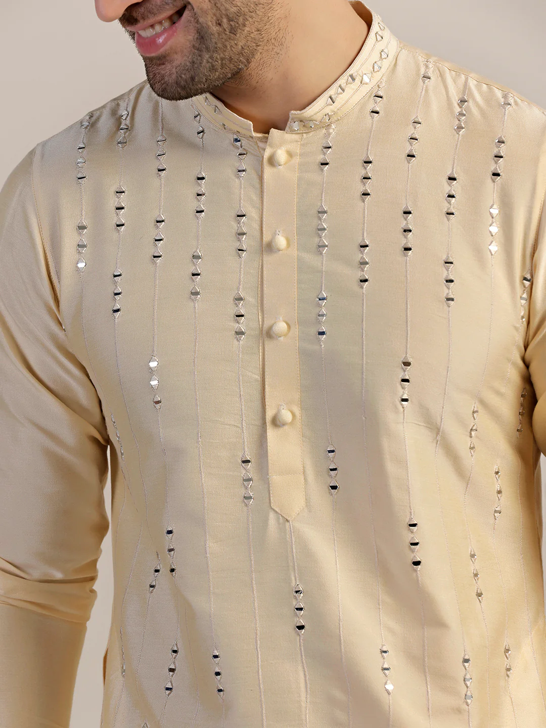Beige Embroidered Kurta Churidar Set - Image 5