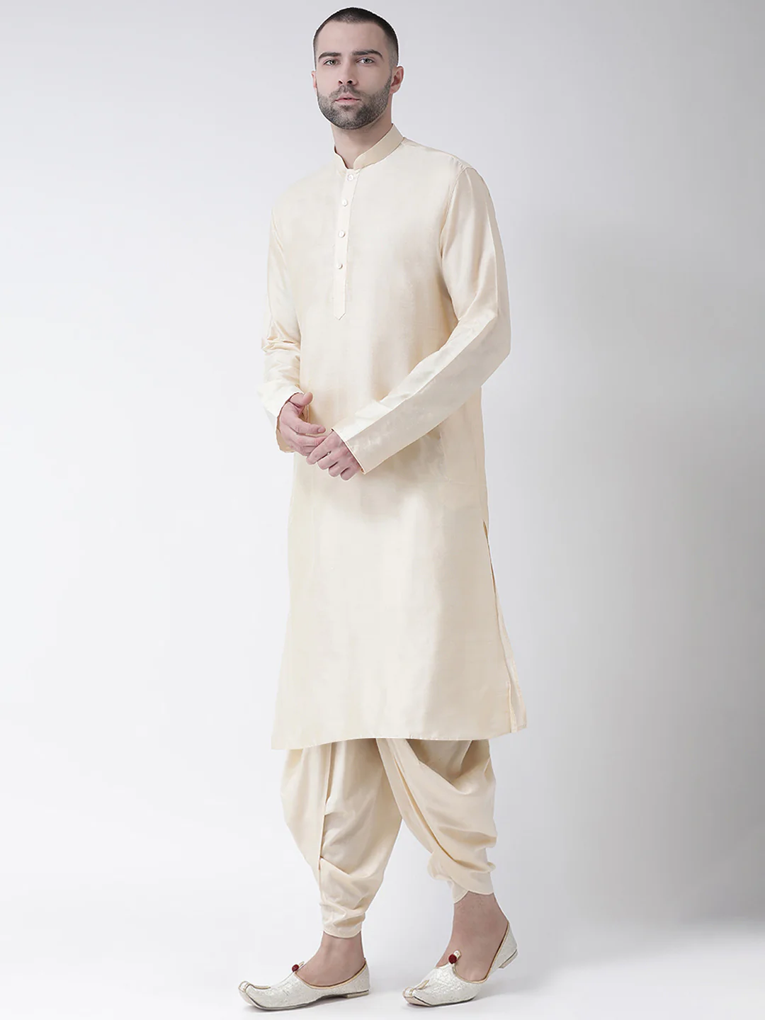 Beige Silk Blend Solid Kurta Dhoti Set - Image 2
