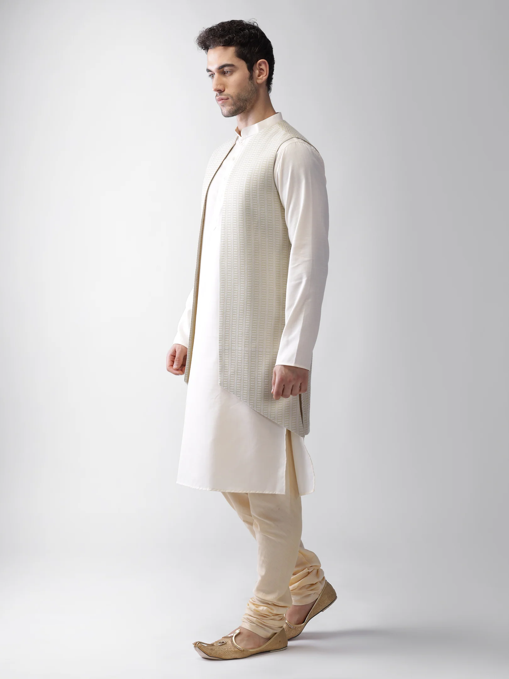 Off-White Silk Blend Jacket Kurta Churidar Set - Image 2