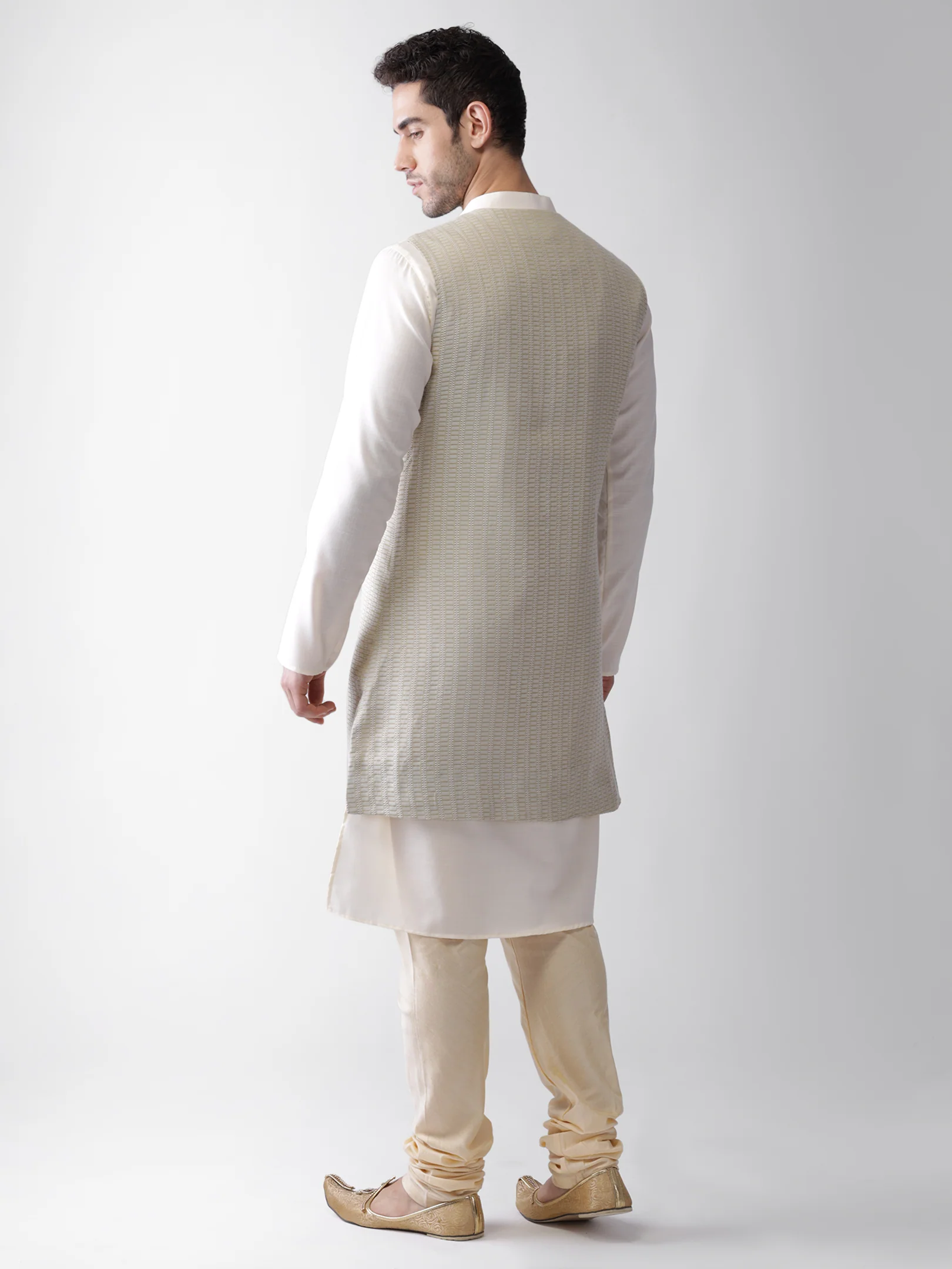 Off-White Silk Blend Jacket Kurta Churidar Set - Image 4