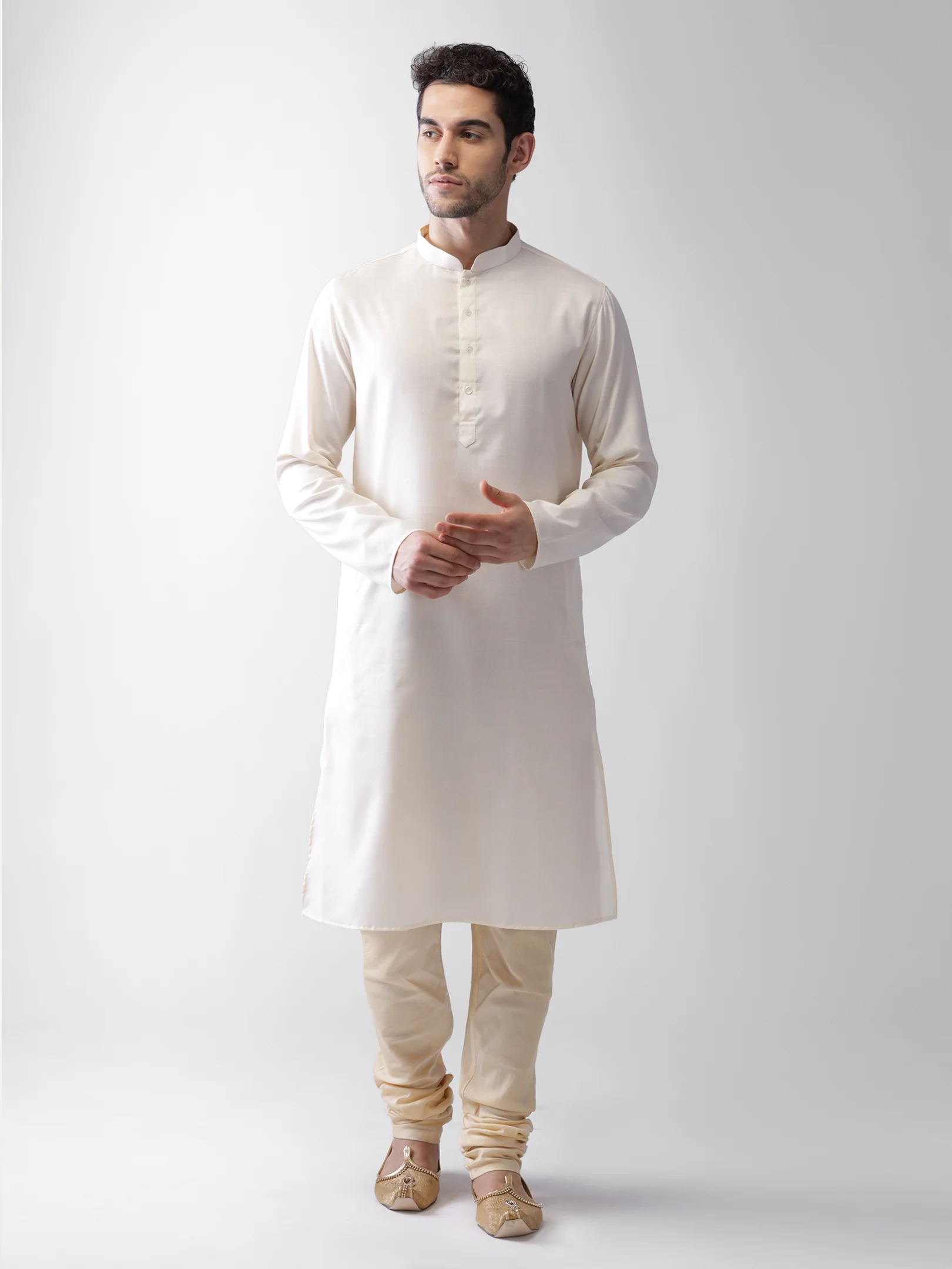 Off-White Silk Blend Jacket Kurta Churidar Set - Image 5