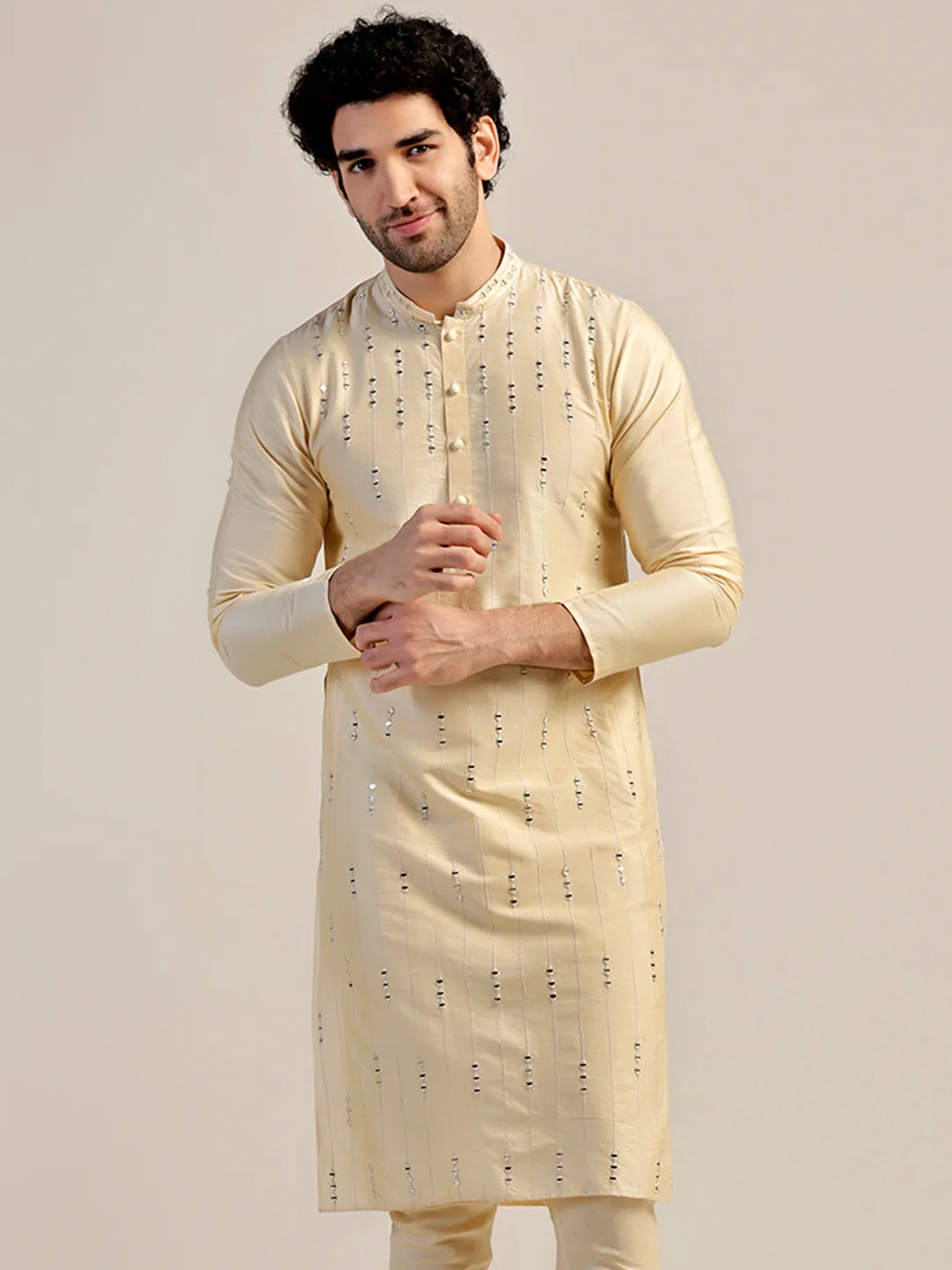 Cream Silk Blend Sequinned Kurta